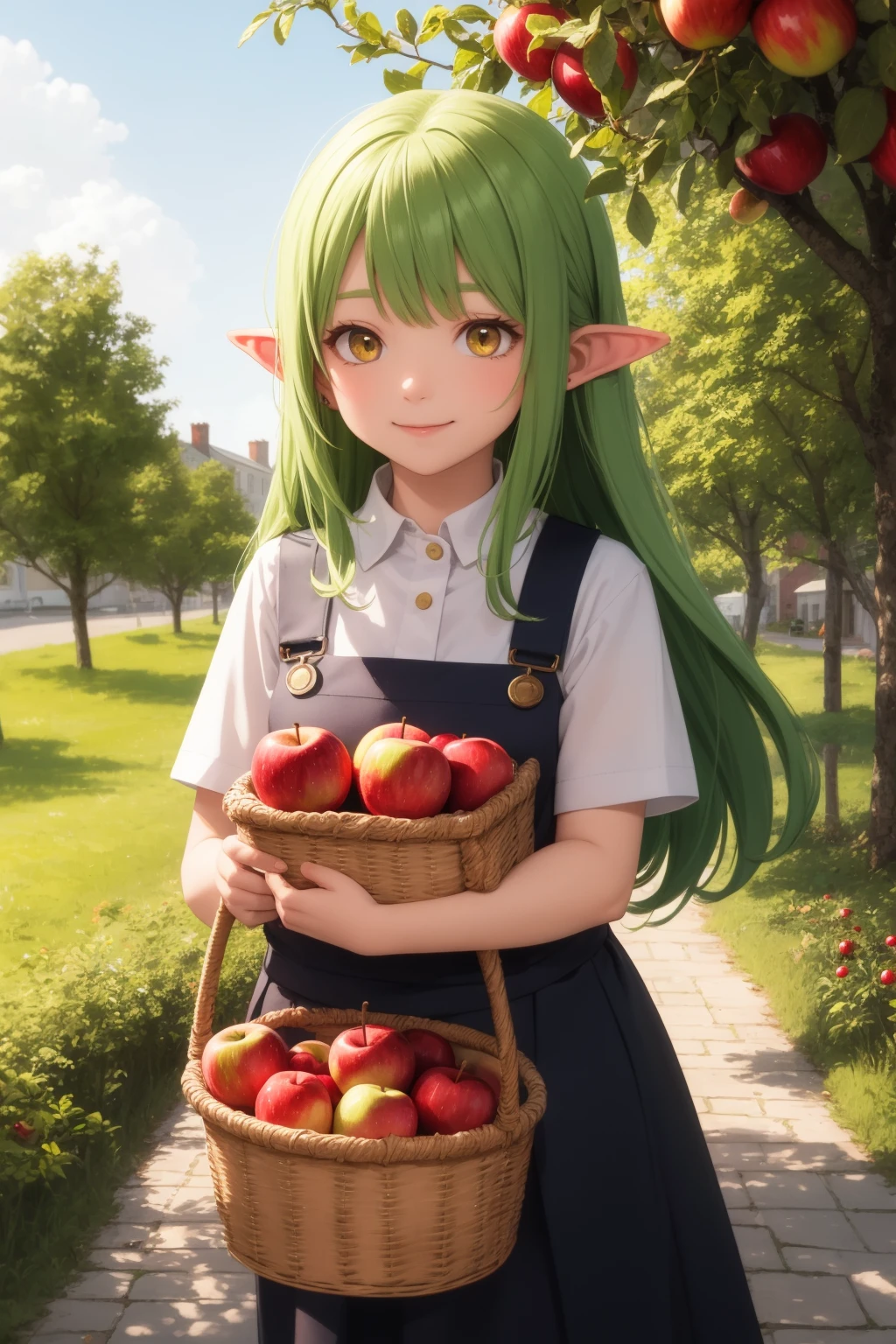 masterpiece, best quality, gardener outfit, pointed ears, green hair, long hair, yellow eyes, light smile, closed mouth, carrying a basket full of red apples, apple tree, cobblestone,