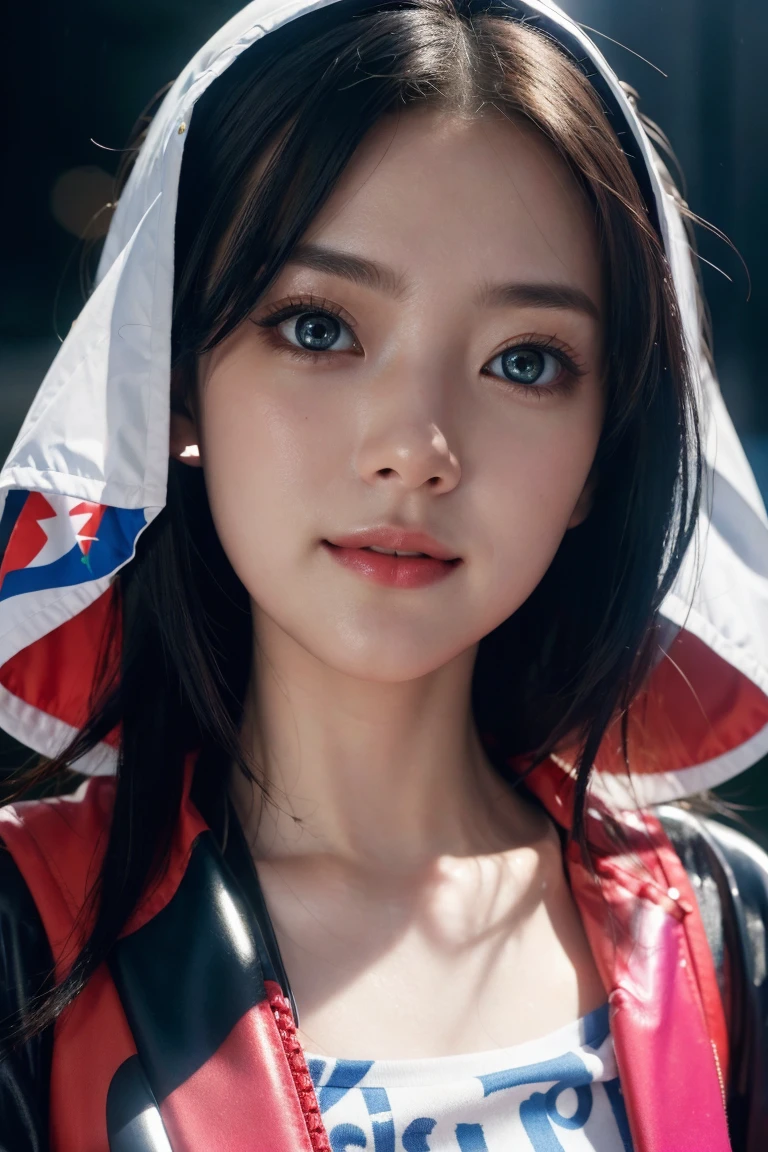 masterpiece, best quality, half body, portrait, night city, 1girl, anime, 3D, Japan, pixar, realistic, teen girl, smiling, cute face, harajuku fashion style, rain coat, beautiful, colourful, neon lights, cyberpunk, smooth skin, illustration, artstation, painting by stanley artgerm lau, sideways glance, foreshortening, extremely detailed 8K, smooth, high resolution, ultra quality, highly detail eyes, highly detail mouth, highly detailed face, perfect eyes, both eyes are the same, true light, glare, Iridescent, Global illumination, real hair movement, real light, real shadow, real face, hd, 2k, 4k, 8k, 16k, realistic light, realistic shadow, bright Eyes, fluorescent eyes, soft light, dream light