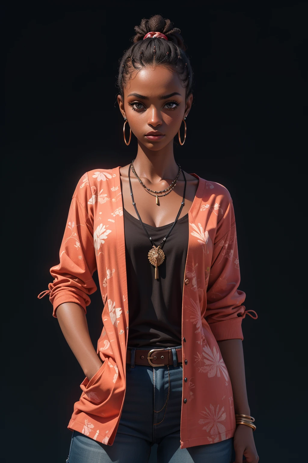 masterpiece,best quality,ultra high res,1 dark skinned African girl,(fractal art:1.3),deep shadow,dark theme,fully clothed,necklace,forlorn,cowboy shot,<lora:stylized_3dcg_v4-epoch-000012:0.1>,<lora:odanon-v1.5newcraft-lora-naivae-128dim-block:0.1>,