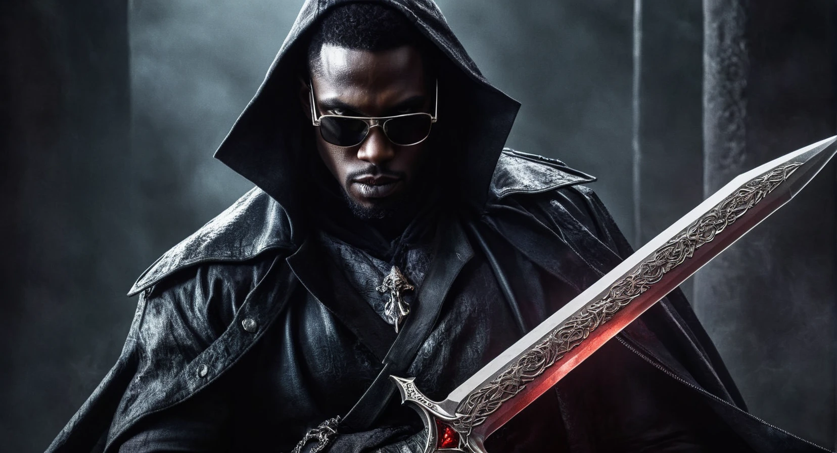 Dark Fantasy Art of  <lora:cinematic vampire film style:1>
blade the daywalker a black vampire man with vampire face and vampire teeth posing with sunglasses and an epic Excalibur sword cinematic vampire film style, dark, moody, dark fantasy style