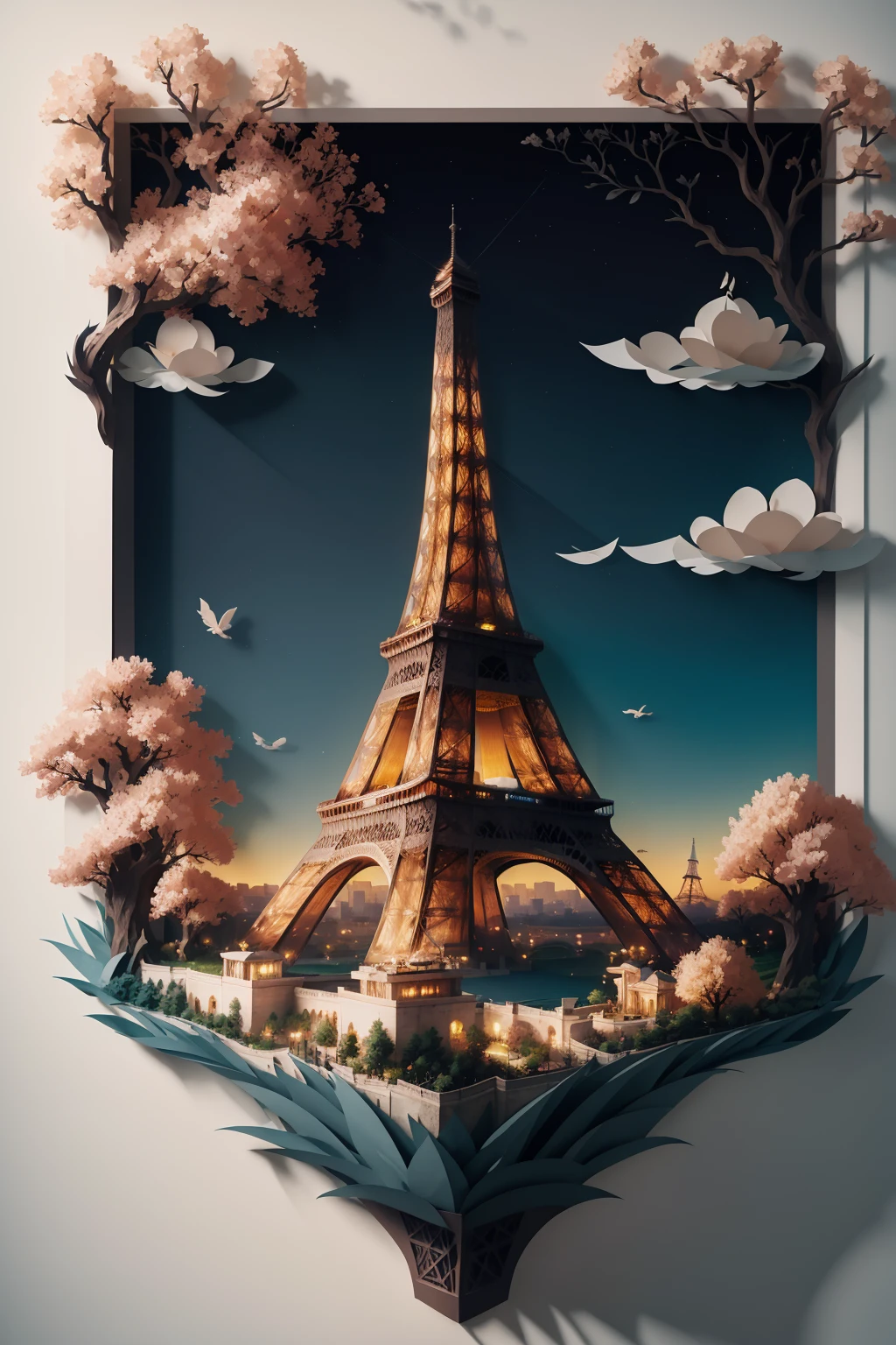 Create a giant oil painted mural of Paris and the iconic Eiffel Tower by various artists and their respective styles and way of painting crisp realism, 1 picasso 2 rembradt, 3 Michelangelo, 4 vicent van gogh y 5 claude monet --auto