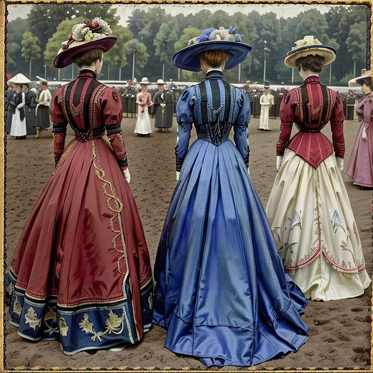from behind, masterpiece, uhd, sharp color photo of a beautiful women wearing expensive dresses and hats, at the horse races<lora:1900_dress_v2:1> 1900_dr3ss