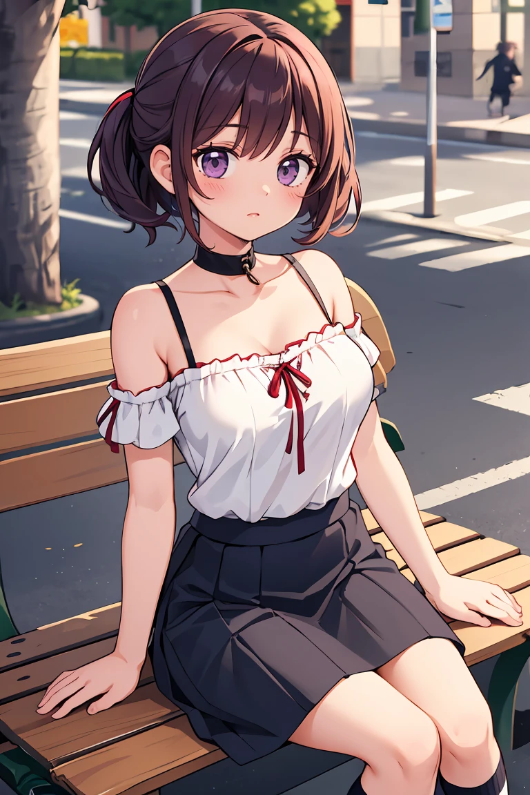 (masterpiece, best quality), 1girl, Deep purple Taper Fade with Textured Side Part, Size B breasts, Violet red Embroidered peasant top and Gauze maxi skirt, bobby socks, Sitting on a bench in a busy street, people-watching with curiosity.