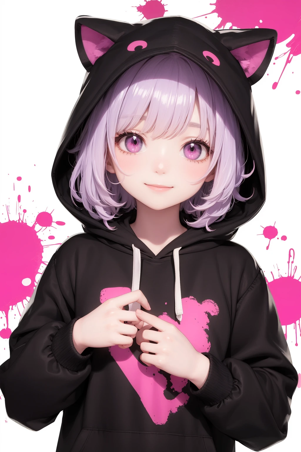 masterpiece, best quality, 1girl, light purple hair, wavy hair, smile, pink eyes, black hoodie, hood up, looking at viewer, splatter paint background