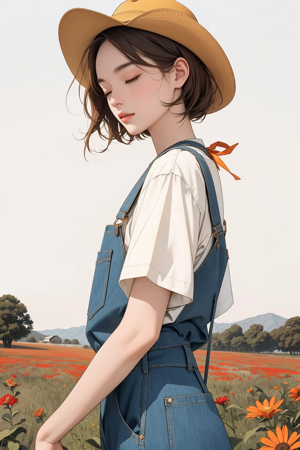 ((masterpiece, best quality)), (((masterpiece, best_quality, highest quality))), (perfect detail, perfect skin:1.2),(highres), original,extremely detailed 8K wallpaper,(an extremely delicate and beautiful),incredibly_absurdres, intricate detail, distinct_image,extremely intricate,(detailed skin:1.3) , best quality:1.2, High definition, intricate details, finely detailed, beautiful detailed, high detailed skin, ((glossy skin)), shiny skin, (white skin:1.3), (pale skin:1.3),(natural light, ray tracing, volumetric light), (top quality), (golden-ratio face, perfect proportioned face, perfectly beautiful:1.3), (reflected diffuse light to face:1.3), (peer proportional face), (peer proportional body, proportional awesome body:1.3), parted lips, ((presenting)), (perfect anatomy, correct limb, correct finger), ((looking at viewer, eye contact)),((eye contact)),(cowboy shot:1.5), 1 girl ,illustration, original, extremely detailed,chahua, overalls, flower, striped shirt, shirt, cow, outdoors, red flower, red footwear, walking, striped, bird, hat, grass, plant, tree, profile, 1girl, yellow flower, pants, shoes, brown hair, fence, yellow sky, from side, short sleeves, brown footwear, cloud, red shirt, orange sky, closed eyes, wide shot, horns, leaf, hat ribbon, building, sky, short hair, bush, animal, leash, blue overalls