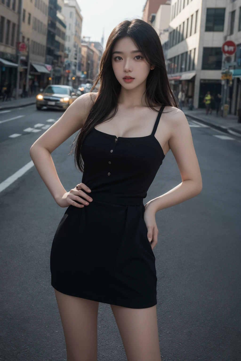 bestquality、Highres、8k、Girl 1 Mature Mature Mature Mature Woman Man、(Huge breasted)、During the Day、Bright、out door、(Street:0.8)、(People々、crowds:1)、(Lace) -trimmed dress:1.5、Light Black Clothing:1.5、Black High Neck Dress:1.5、sleeveless dress、Black Dress:1.5)、Luxury、(medium Hair)、beautiful detailed sky、beautiful earrings、(Dynamic Pose:0.8)、 (upper Body:1.2)、Illuminated by soft、Wind、Lustrous skin、line of sight、