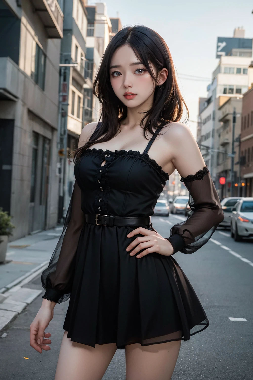 masterpiece, ultra realistic, 32k, extremely detailed CG unity 8k wallpaper, best quality
(masterpiece:1.2), (absurdres:1.2), (best quality:1.2), (looking at viewer), shiny skin, bare legs, cowboy shot, dress, outdoors, day, city, hands on hip, (white|black theme), medium breasts, sad face, (character on front)
<lora:JPV2-000002:1>, (masterpiece,best quality:1.5)