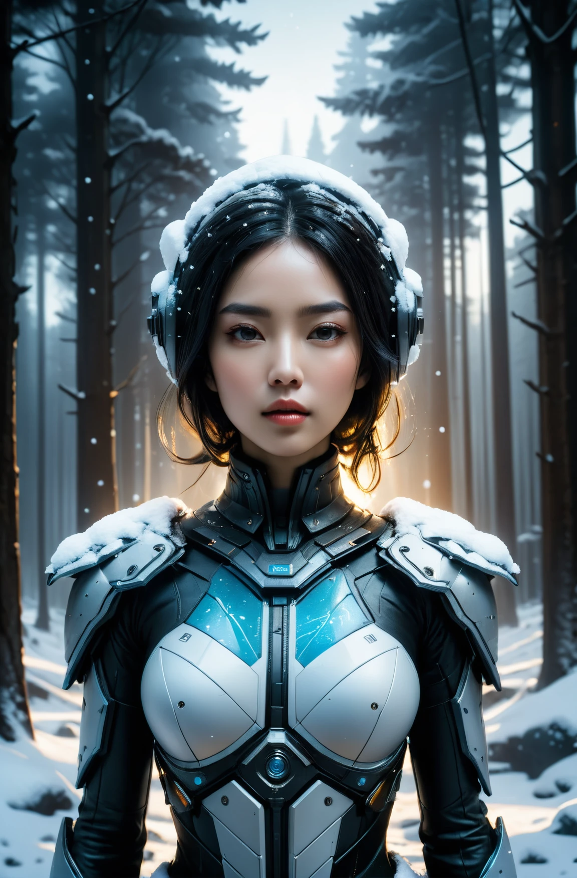 highly detailed photo of a woman covered in snow in the year 3000, photographed by kim jung gi, greg rutkowski, trending on artstation, volumetric lighting, intimidating and detailed-highly field, of depth shallow lens, macro beksinski, of style the in hyperrealism, hyperdetailed, forest sci-fi background, kon Satoshi by lighting, best cinematic bloom quality, beksinski, cgsociety on trending kojima, ayami mullins craig bussiere gaston mullins craig rutkowski greg g