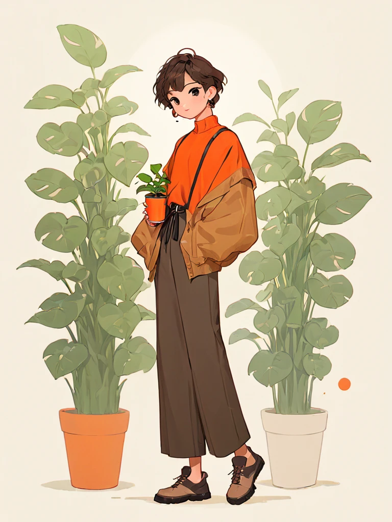 <lora:jijian_xl:1>ï¼ (\ji jian\), 1boy, hoop earrings, jewelry, earrings, cup, holding, plant, full body, brown hair, short hair