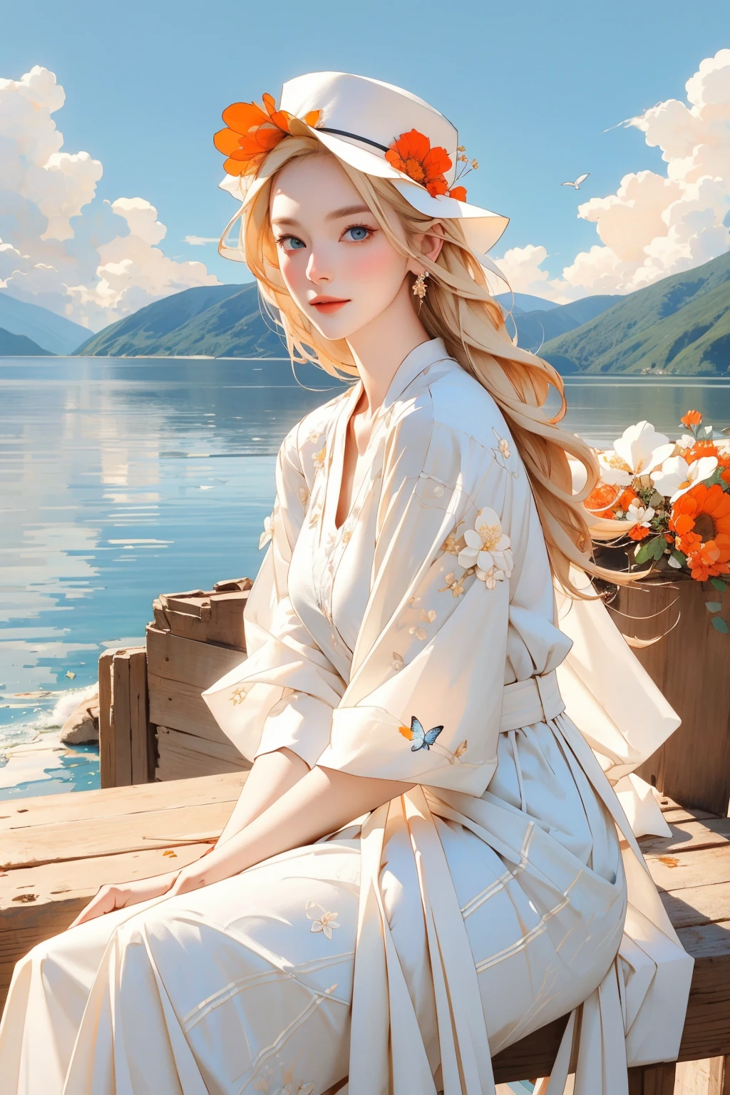 ((masterpiece, best quality)), (((masterpiece, best_quality, highest quality))), (perfect detail, perfect skin:1.2),(highres), original,extremely detailed 8K wallpaper,(an extremely delicate and beautiful),incredibly_absurdres, intricate detail, distinct_image,extremely intricate,(detailed skin:1.3) , best quality:1.2, High definition, intricate details, finely detailed, beautiful detailed, high detailed skin, ((glossy skin)), shiny skin, (white skin:1.3), (pale skin:1.3),(natural light, ray tracing, volumetric light), (top quality), (golden-ratio face, perfect proportioned face, perfectly beautiful:1.3), (reflected diffuse light to face:1.3), (peer proportional face), (peer proportional body, proportional awesome body:1.3), parted lips, ((presenting)), (perfect anatomy, correct limb, correct finger), ((looking at viewer, eye contact)),((eye contact)), 1girl, outdoors, solo, flower, blue eyes, long hair, looking at viewer, long dressï¼hat, ocean, dress, sitting, white flower, sky, bug, hat flower, day, bangs, butterfly, water, long sleeves, blue sky, rock, cloud, orange dress, blonde hair, horizon, orange headwear, hair ornament, closed mouth, smile, hair flower, short sleeves, looking to the side, bird, scenery, mountainous horizon, red headwear, white dress