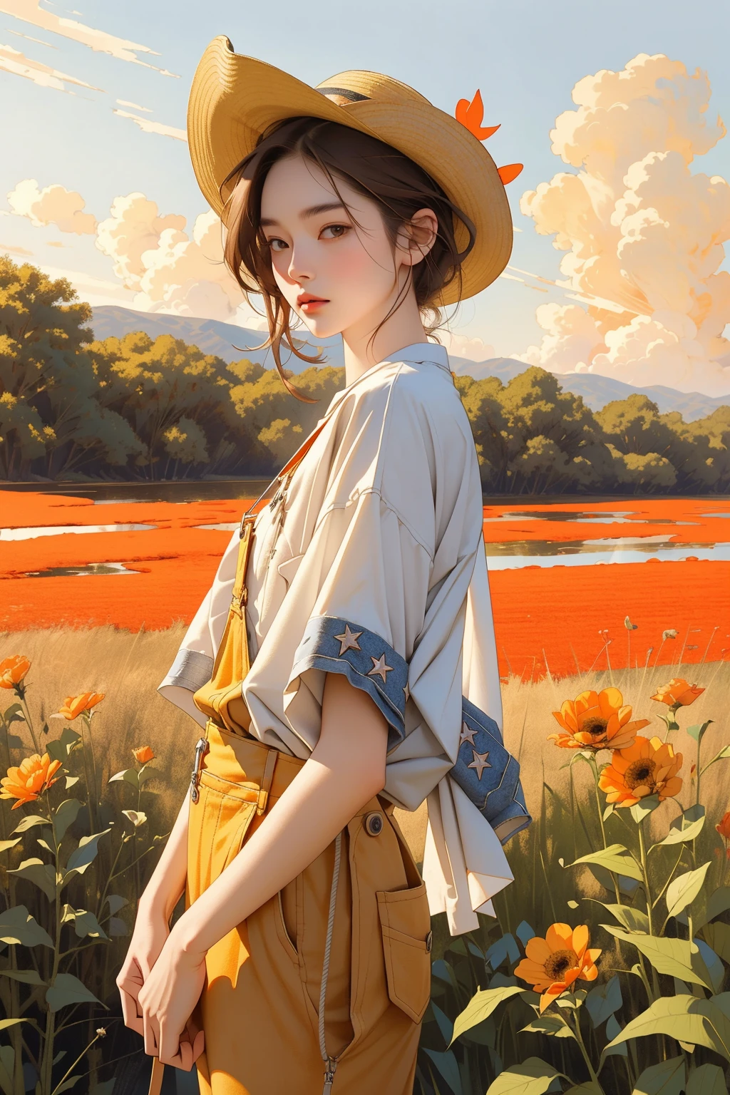 ((masterpiece, best quality)), (((masterpiece, best_quality, highest quality))), (perfect detail, perfect skin:1.2),(highres), original,extremely detailed 8K wallpaper,(an extremely delicate and beautiful),incredibly_absurdres, intricate detail, distinct_image,extremely intricate,(detailed skin:1.3) , best quality:1.2, High definition, intricate details, finely detailed, beautiful detailed, high detailed skin, ((glossy skin)), shiny skin, (white skin:1.3), (pale skin:1.3),(natural light, ray tracing, volumetric light), (top quality), (golden-ratio face, perfect proportioned face, perfectly beautiful:1.3), (reflected diffuse light to face:1.3), (peer proportional face), (peer proportional body, proportional awesome body:1.3), parted lips, ((presenting)), (perfect anatomy, correct limb, correct finger), ((looking at viewer, eye contact)),((eye contact)),(cowboy shot:1.5), 1 girl ,illustration, original, extremely detailed,chahua, overalls, flower, striped shirt, shirt, cow, outdoors, red flower, red footwear, walking, striped, bird, hat, grass, plant, tree, profile, 1girl, yellow flower, pants, shoes, brown hair, fence, yellow sky, from side, short sleeves, brown footwear, cloud, red shirt, orange sky, closed eyes, wide shot, horns, leaf, hat ribbon, building, sky, short hair, bush, animal, leash, blue overalls