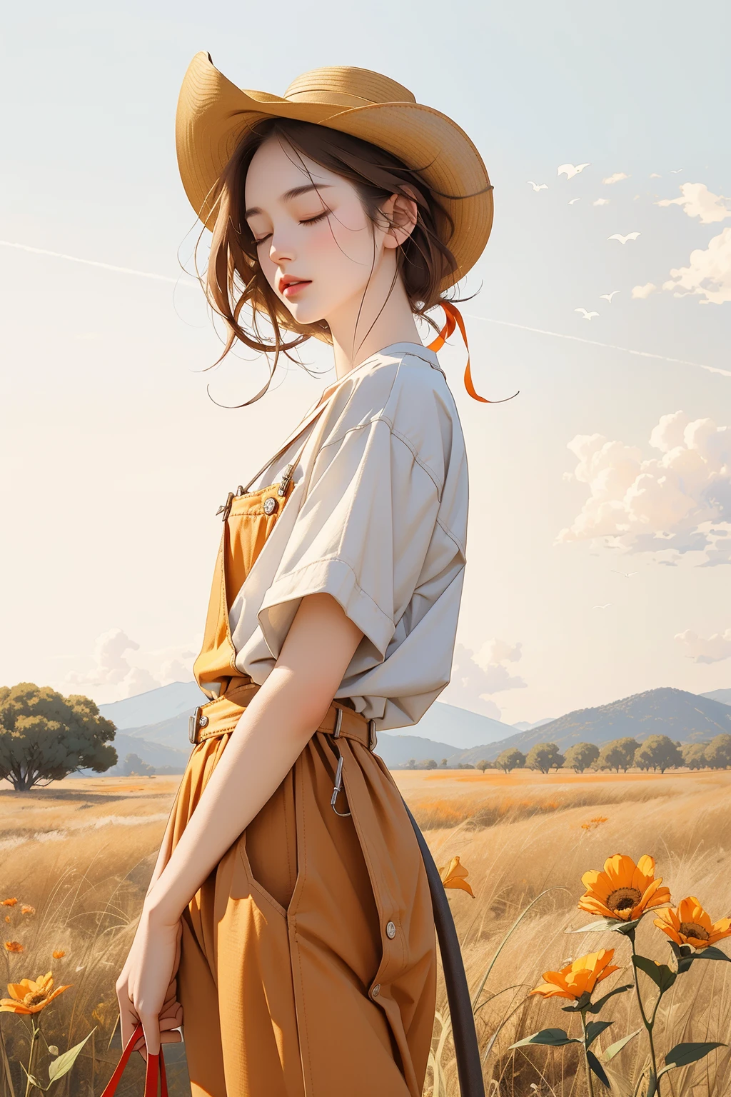 ((masterpiece, best quality)), (((masterpiece, best_quality, highest quality))), (perfect detail, perfect skin:1.2),(highres), original,extremely detailed 8K wallpaper,(an extremely delicate and beautiful),incredibly_absurdres, intricate detail, distinct_image,extremely intricate,(detailed skin:1.3) , best quality:1.2, High definition, intricate details, finely detailed, beautiful detailed, high detailed skin, ((glossy skin)), shiny skin, (white skin:1.3), (pale skin:1.3),(natural light, ray tracing, volumetric light), (top quality), (golden-ratio face, perfect proportioned face, perfectly beautiful:1.3), (reflected diffuse light to face:1.3), (peer proportional face), (peer proportional body, proportional awesome body:1.3), parted lips, ((presenting)), (perfect anatomy, correct limb, correct finger), ((looking at viewer, eye contact)),((eye contact)),(cowboy shot:1.5), 1 girl ,illustration, original, extremely detailed,chahua, overalls, flower, striped shirt, shirt, cow, outdoors, red flower, red footwear, walking, striped, bird, hat, grass, plant, tree, profile, 1girl, yellow flower, pants, shoes, brown hair, fence, yellow sky, from side, short sleeves, brown footwear, cloud, red shirt, orange sky, (closed eyes:1.3), wide shot, horns, leaf, hat ribbon, building, sky, short hair, bush, animal, leash, blue overalls