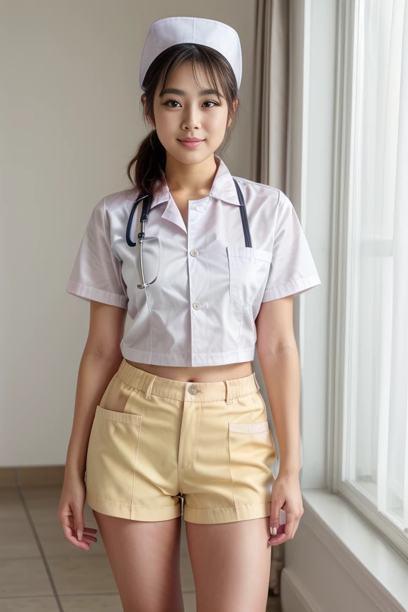 1woman, beautiful, alluring, cute face, detailed face, detailed, masterpiece, full body shot, <lora:DETAIL_SLIDER_BY_STABLE_YOGI:0.8>
<lora:Nurse Uniform By Stable Yogi:0.8> yellow nurse uniform nurse cap, shorts