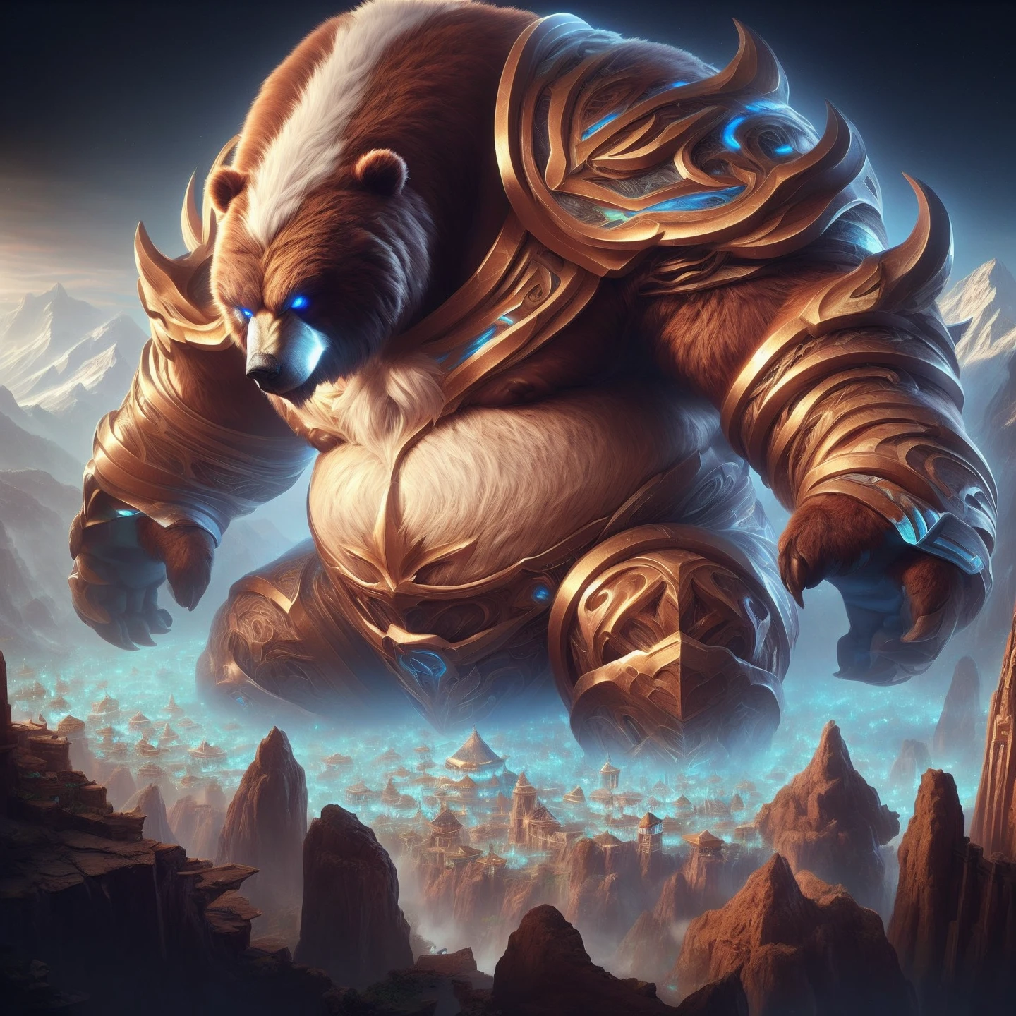 furry, bear, grizzly bear, white mane, giant, macro, giga, outisde, mountain, city, village, fantasy, musclegut, full body, thick arms, thick thighs, broad shoulders, big chest, big trapezius, face on, detailed fur, thick fur, frown, thick eyebrows, white eyebrows, brown fur, blue eyes, glowing eyes:0.5, spikes, shoulder spikes, vambraces, detailed background, detailed foreground, brown nipples, white chest, cliff, glowing armor,
<lora:macrobearv3.1.4-000007:1>, digital drawing (artwork), raytracing, 4K UHD, high detail, vibrant, vivid, artistic, dark fantasy, raytracing, detailed background, realistic, detailed,