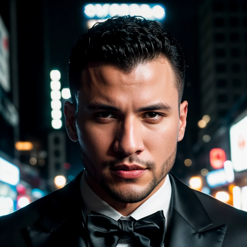 face portrait of danielmeza person using a tuxedo, in blade runner, professional photography, high resolution, 4k, detailed photo, <lora:danielmeza_48150:1>