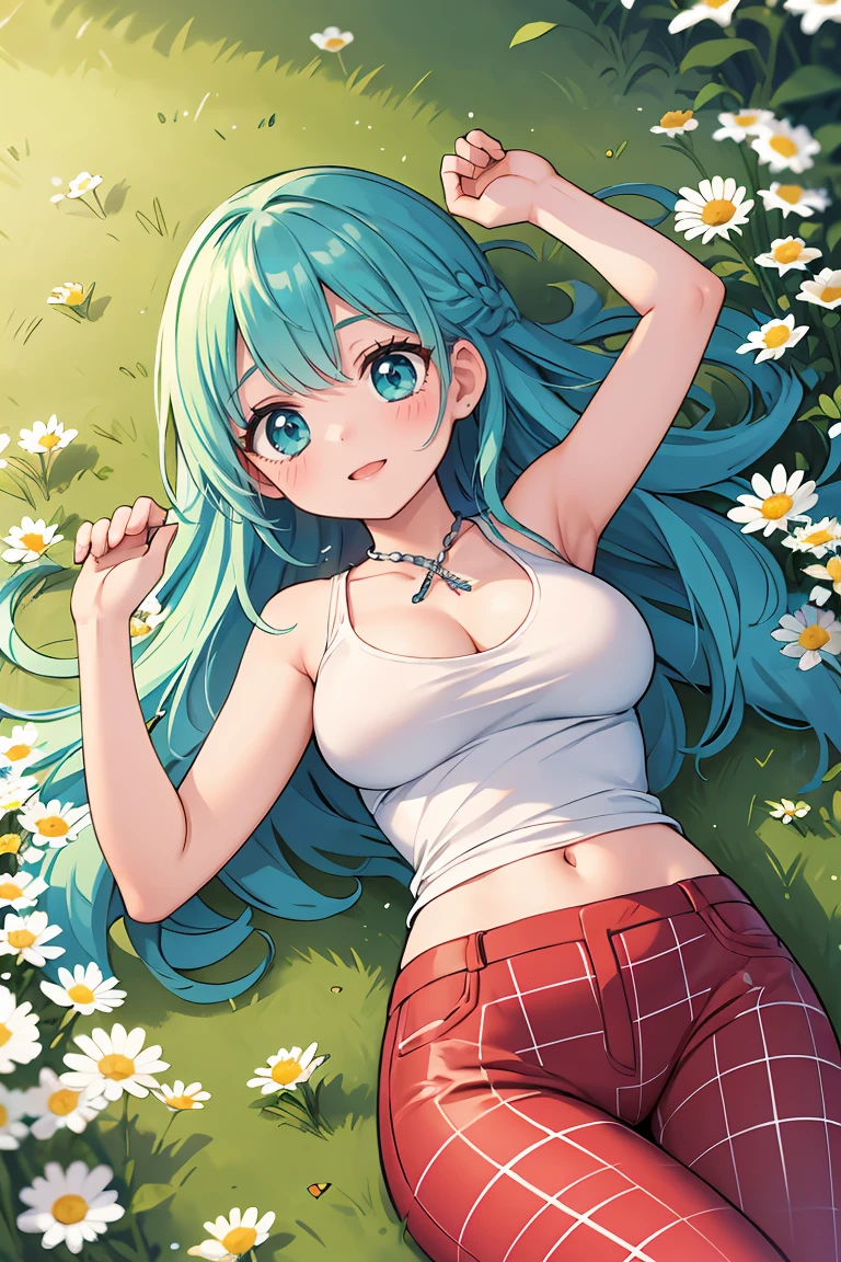 (masterpiece, best quality), 1girl, Aqua Classic French Braid, Size DD breasts, Mahogany Asymmetrical top and Plaid trousers, leggings, Lying on a grassy meadow, making a daisy chain, with a bright and playful expression.