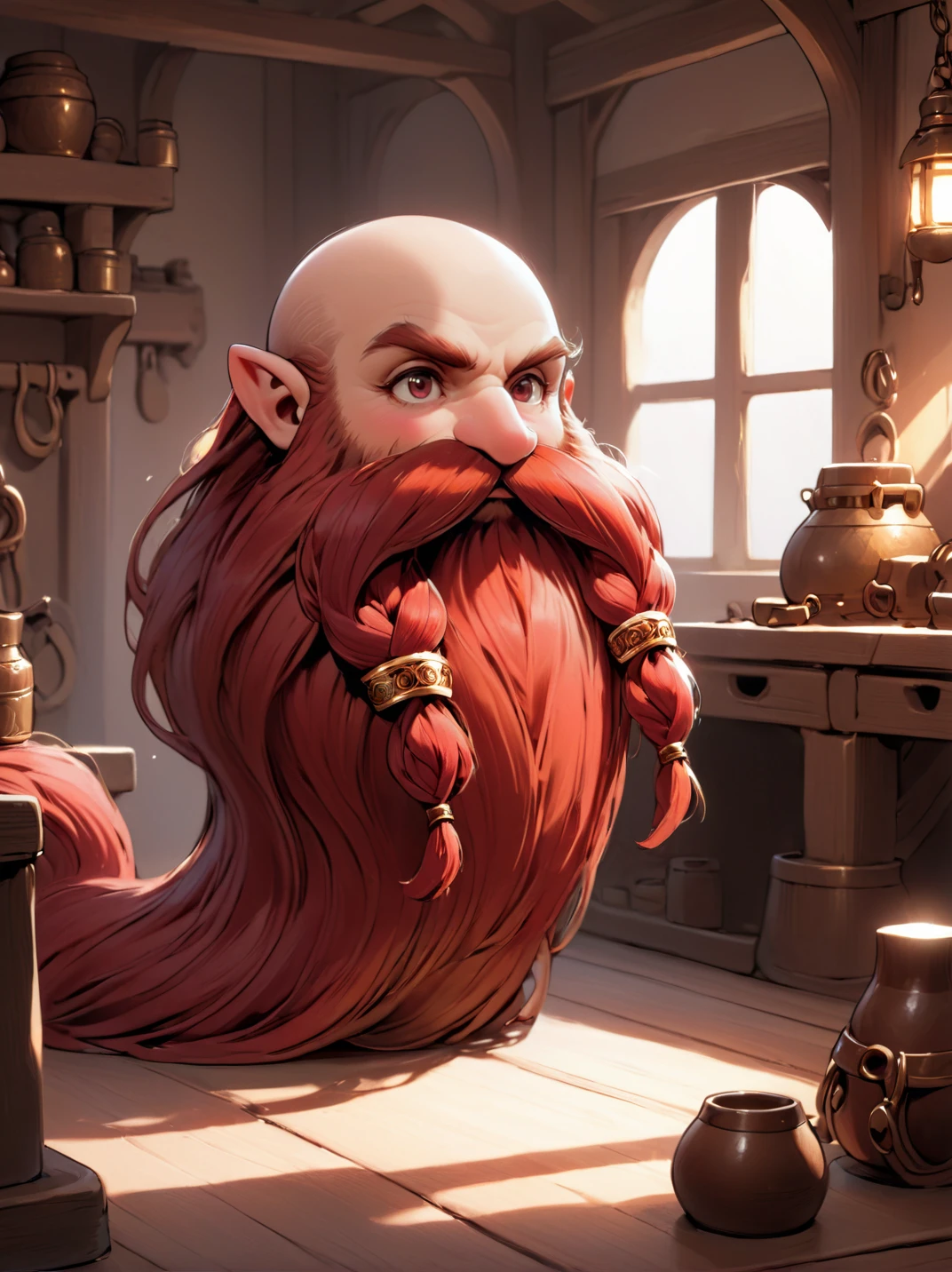 anime style,waifu, kawaii, super cute, big eyes, ultra detailed, masterpiece, Harry_Dwarf, dwarf-like, flowing long Ruby beard, twirly moustache,bald, bangles, <lora:Harry_Dwarf_1.5:1>, back lighting, beautiful lighting, at a workbench