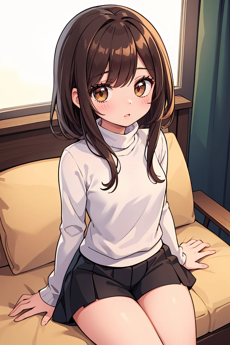 (masterpiece, best quality), 1girl, Caramel Highlights on Dark Brown Side Swept Bangs, tiny breasts, Platinum Turtleneck and Skort (skirt with shorts underneath), over-kneehighs, Sitting with legs tucked under, hands on the lap