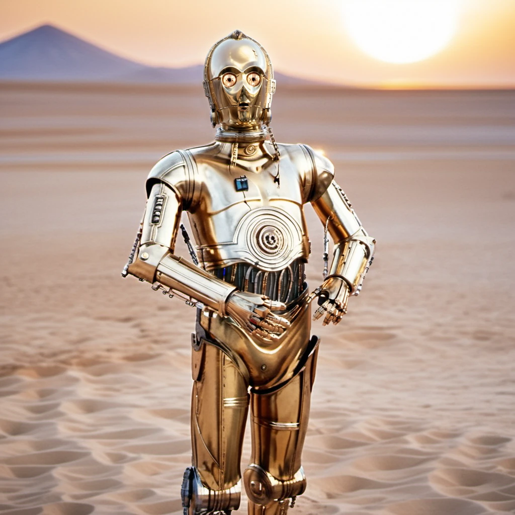 cinematic photo, C3PO1024, full body,  a robot in the desert, sunset, highly detailed ,ultra sharp, photograph, film, bokeh, professional, 4k, highly detailed   <lora:add-detail-xl:1.5>  <lora:C3PO1024:0.8>