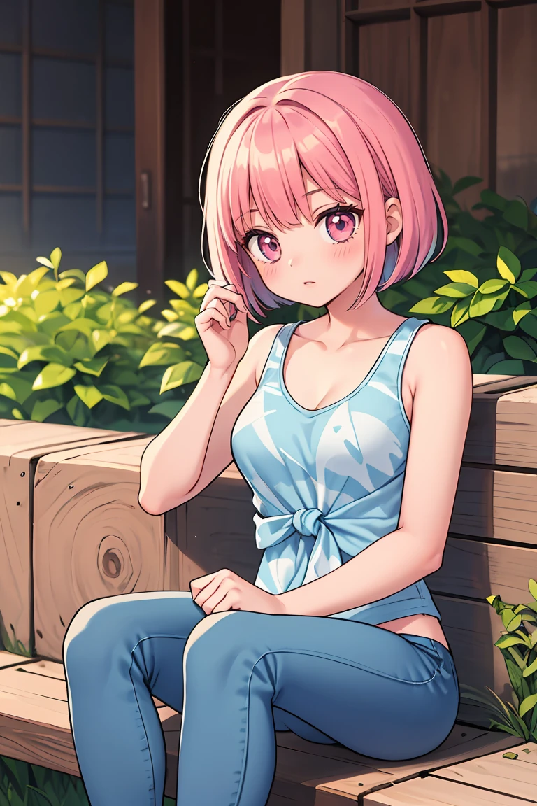 (masterpiece, best quality), 1girl, Hot pink Textured Bob, medium breasts, Baby blue Tie-dye tank top with a knotted front detail. and Jeggings, kneesocks, Sitting with one knee bent, looking thoughtful