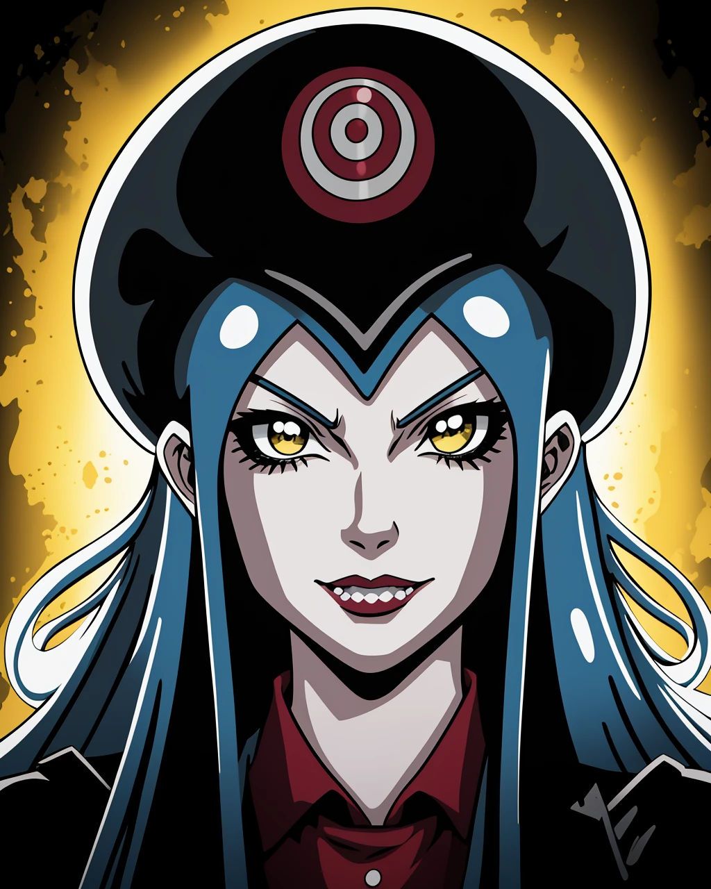 masterpiece,absurdres,best quality,1girl,solo,jellymon,2d,anime style,portrait,scene from hellsing, intricate detail, <lora:Jellymon15:1>