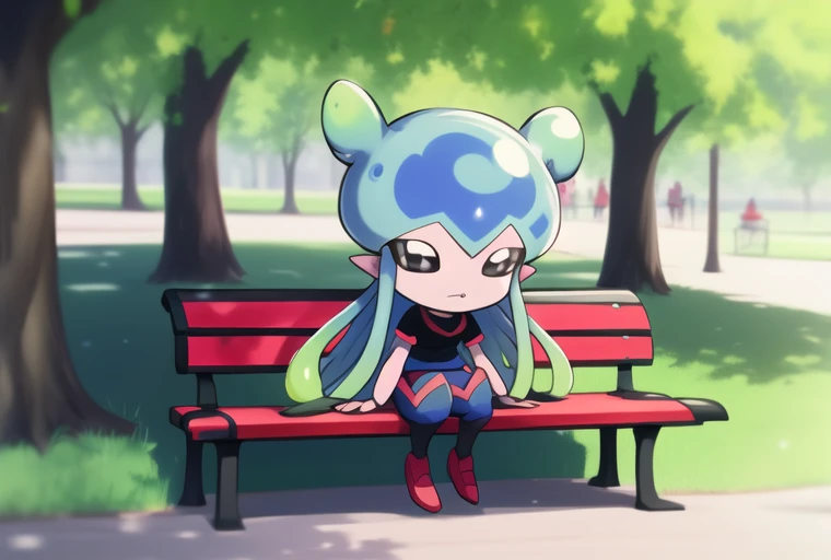 masterpiece,absurdres,best quality,solo,jellymon,2d,full body,outdoors,park,sitting on a bench,chibi, <lora:Jellymon15V2:1>