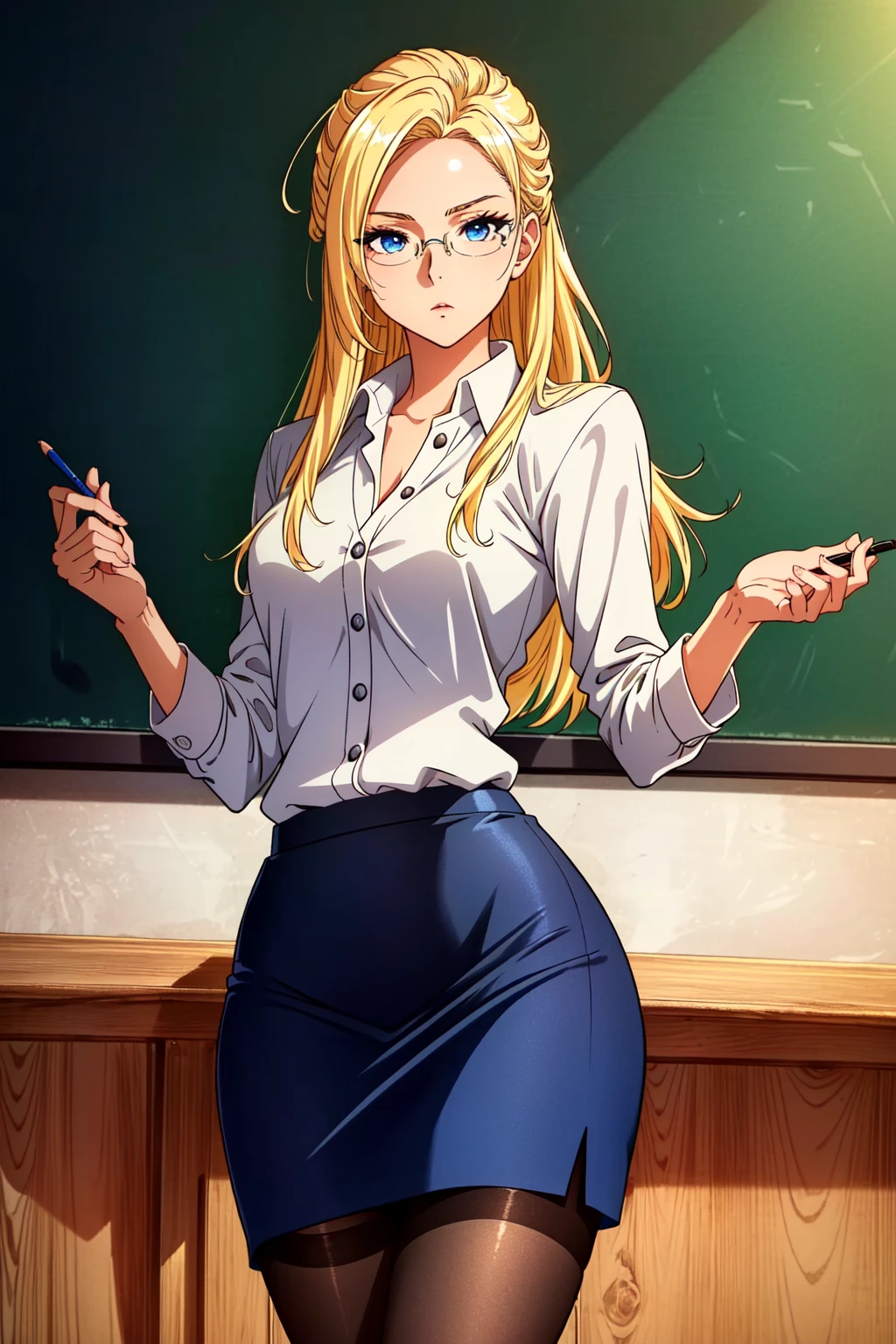 <lora:Ashe:0.7> Ashe, 1girl, solo, pantyhose, blonde hair, glasses, standing, teacher, formal, skirt, suit, long hair, chalkboard, black pantyhose, skirt suit, thighband pantyhose, pencil skirt, looking at viewer, blue eyes, perfect lighting, ((shining face, shining body)), perfect face, make up, eye shadow, ((gorgeous)), Extremely beautiful, perfect, (masterpiece:1.2), (best quality:1.2), cinematic, perfect skin, perfect lighting, textured skin, detail, beauty, overall, hour glass body, sharp focus, ultra-detailed, illustration, perfect face, ((gorgeous)), Extremely beautiful, perfect, detailed background, ((shonen style)), (detailed background, intricate background:1.1), beautiful, ((Extremely Detailed)), ((Best Quality)), ((Masterpiece)), ((4k))