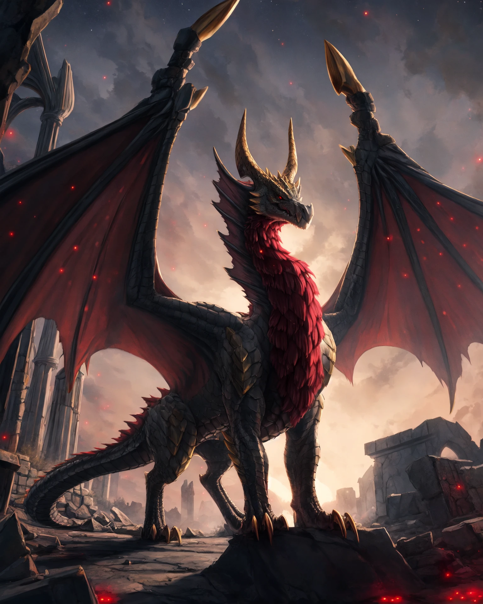 (feral:1.2),malzeno,dragon,hi res,soft shading,good anatomy,tail,cinematic lighting,by seraziel,by woolrool,buta99,detailed background,outdoors,standing,ruins,red eyes,black sclera,wings,night,red wings,neck tuft,realistic,gold accents,glowing particles,