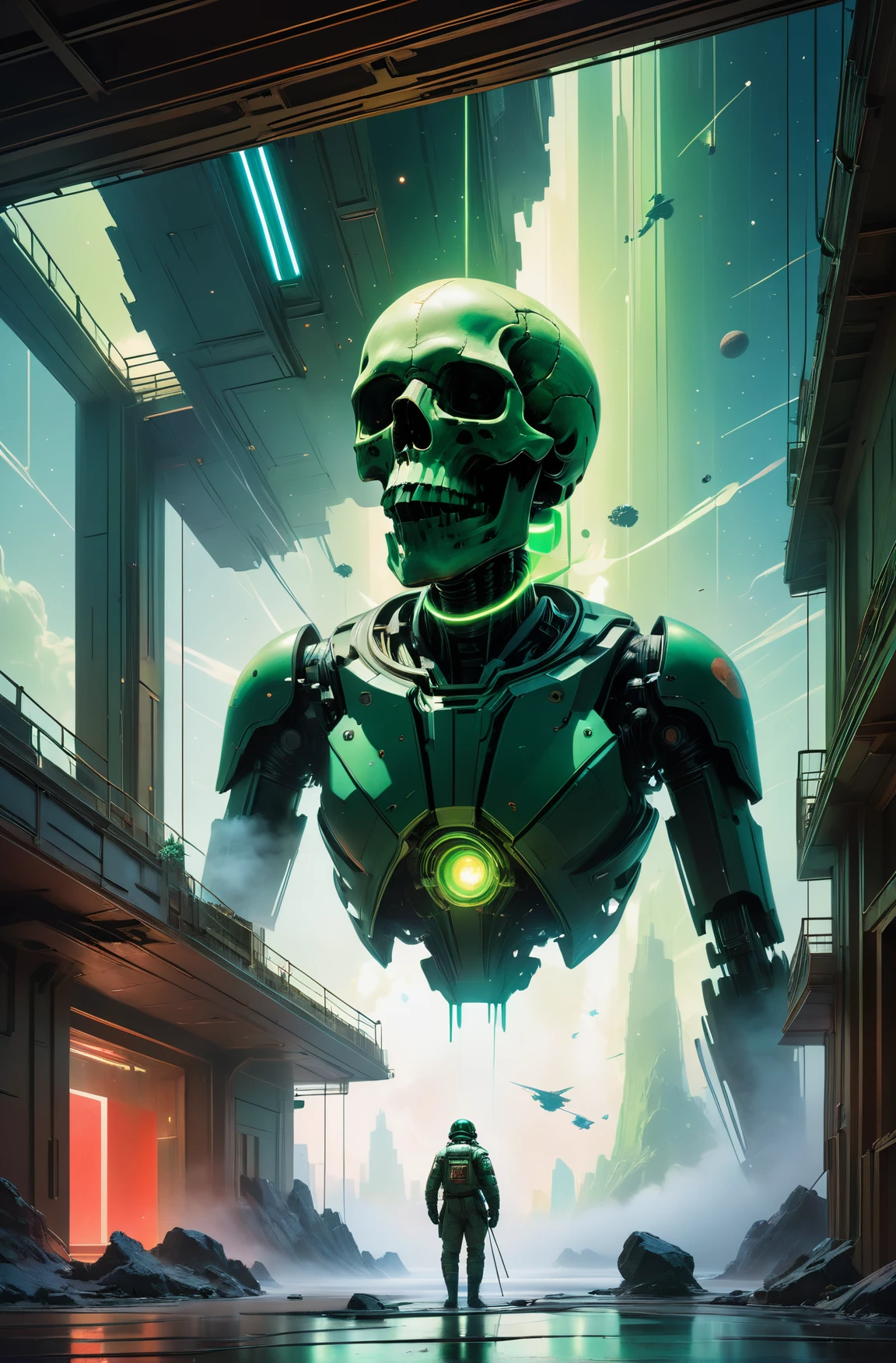 highly detailed photo of a giant skull floating in space with glowing red hands, epic angle, by greg rutkowski and artgerm gerald brom alphonse mucha 8 k hd cinematic wallpaper, a detailed epic cinematic concept art cg render digital painting artwork costume design: the muppets with green skin, By Greg Rutkowski, in the style of Francis Bacon and Syd Mead and Norman Rockwell and Beksinski, open ceiling, highly detailed, painted by Francis Bacon and Edward Hopper, painted by James Gilleard, surrealism, airbrush, Ilya Ku