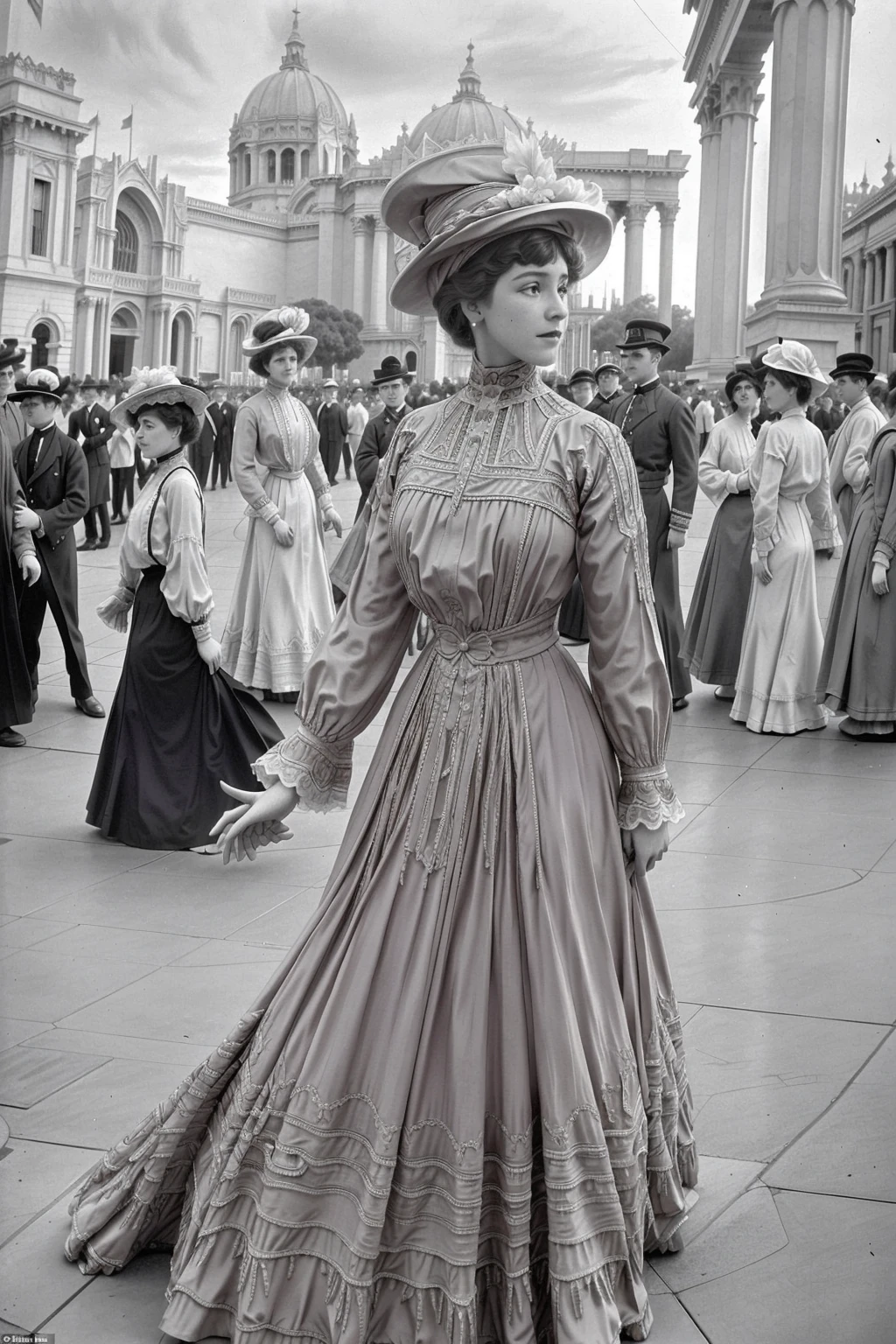 vintage color photograph of   a beautiful  woman wearing a dress and a hat at the Panama Pacific International Exposition in San Francisco in 1915, detailed face, in a crowd of men, outdoors, Palace of Fine Arts in background, <lora:1900_dress_v2:0.9> 1900_dr3ss