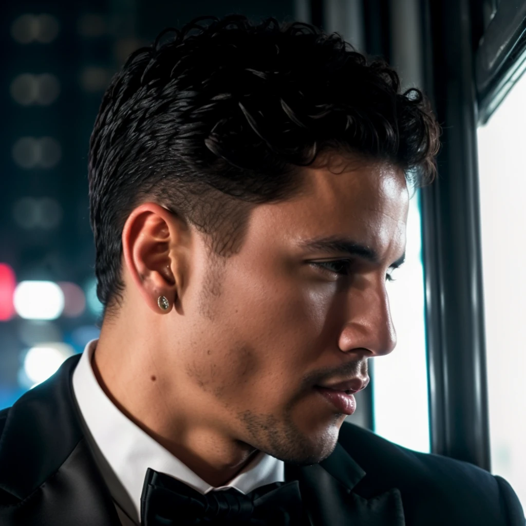 face portrait of danielmeza person using a tuxedo, in blade runner, professional photography, high resolution, 4k, detailed photo, <lora:danielmeza_48150:1>
