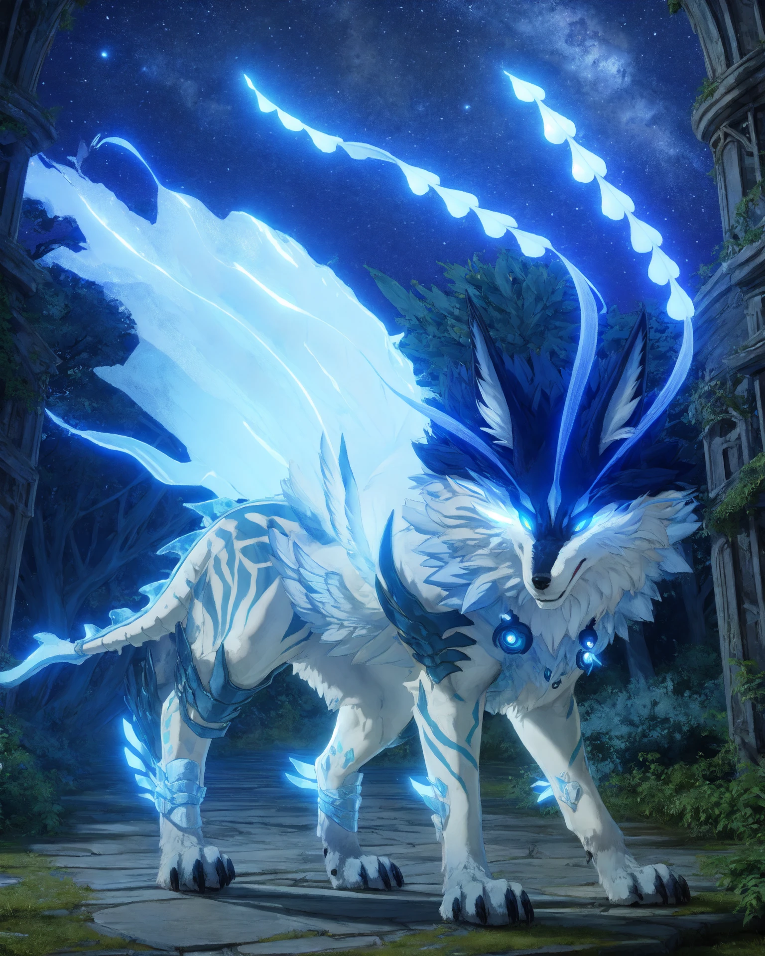 solo, 1boy, best quality, full body, <lora:GI_Andrius_a1:1> andrius, blue eyes, glowing antennae, tail, glowing eyes, blue sclera, feral, canine penis, (glowing penis:1.5), penis, blue penis, sheath, knot, large balls, detailed background, forest, ruins, night, <lora:Spaal_v7_:1> by spaal