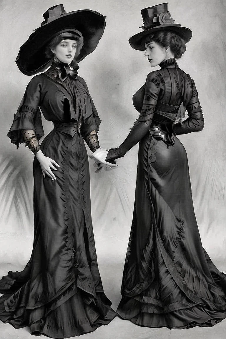 vintage photo of sexy ladies wearing black dresses and hats, posing <lora:1890_dress_v1:1> 1890_dr3ss