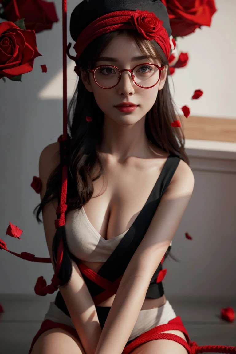 high quality,8K,a girl,in glasses,blender,3d model,the whole body,sit,wearing a hat,((rose)),(vine),cage,bandage,red rope,(detail light),falling rose petals,