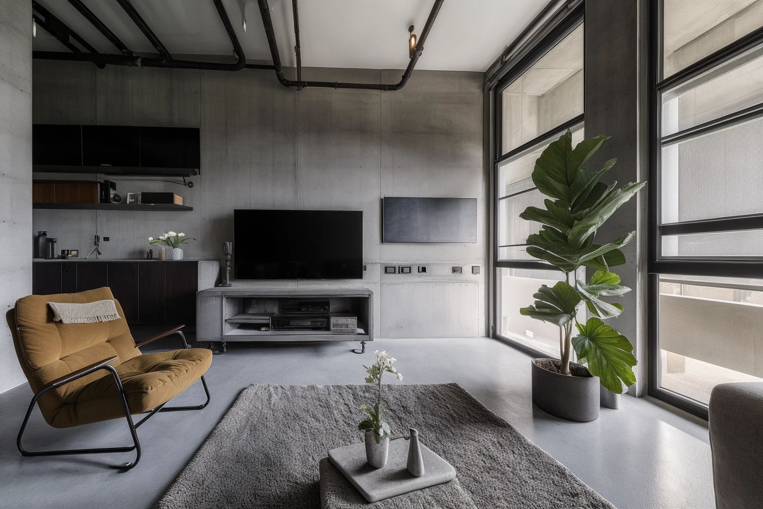 ((best quality)),((masterpiece)),((realistic)), <lora:JJsIndustrialStyle:.7>, photorealistic, sky, concrete,couch,
(((Industrial Style))) ,indoor scenery, indoor ,wall ,rug , lamp, flower, vase , chair,ceiling light, living room, plant, window ,curtain, pillow,television,