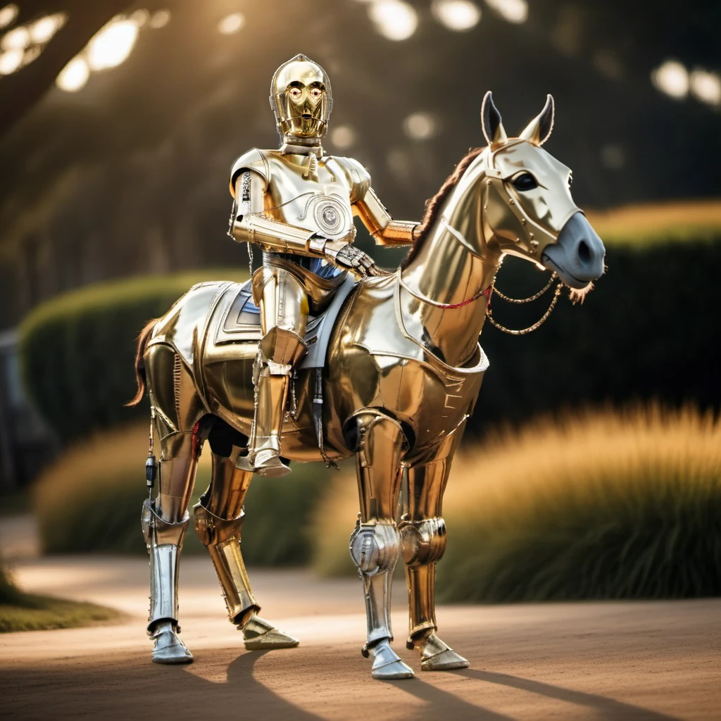 cinematic photo, C3PO1024, full body,  a robot riding a donkey, highly detailed ,ultra sharp, photograph, film, bokeh, professional, 4k, highly detailed   <lora:add-detail-xl:1.5>