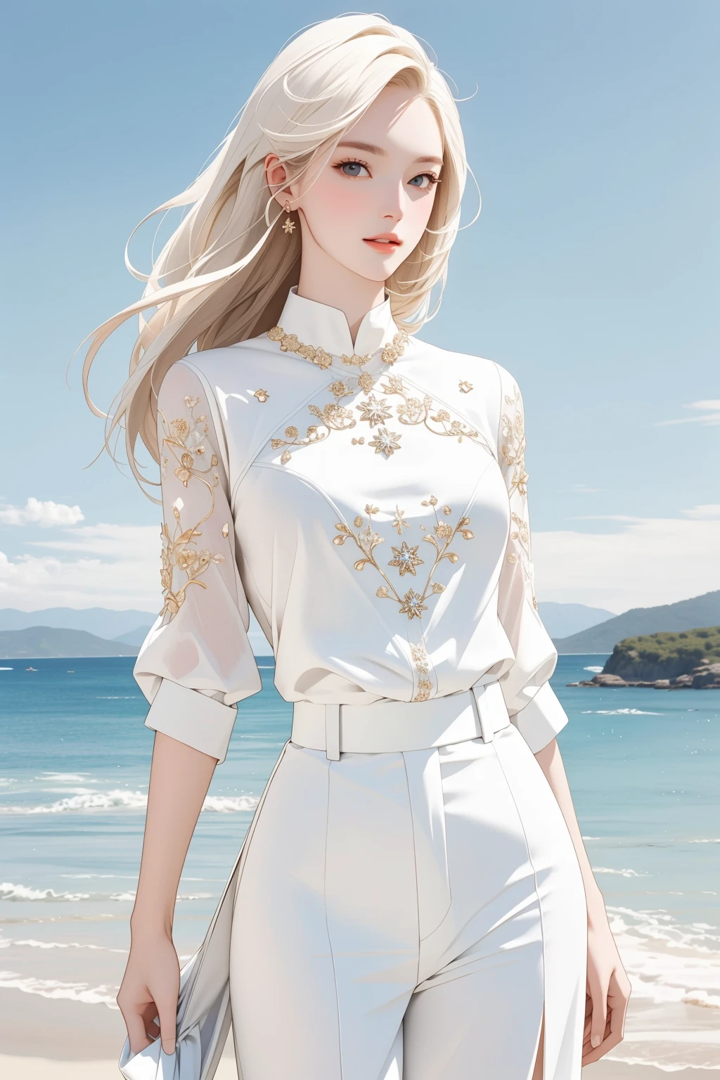((masterpiece, best quality)), (((masterpiece, best_quality, highest quality))), (perfect detail, perfect skin:1.2),(highres), original,extremely detailed 8K wallpaper,(an extremely delicate and beautiful),incredibly_absurdres, intricate detail, distinct_image,extremely intricate,(detailed skin:1.3) , best quality:1.2, High definition, intricate details, finely detailed, beautiful detailed, high detailed skin, ((glossy skin)), shiny skin, (white skin:1.3), (pale skin:1.3),(natural light, ray tracing, volumetric light), (top quality), (golden-ratio face, perfect proportioned face, perfectly beautiful:1.3), (peer proportional face), (peer proportional body, proportional awesome body:1.3), parted lips, ((presenting)), (perfect anatomy, correct limb, correct finger), ((looking at viewer, eye contact)),((eye contact)), (cowboy shot:1.3), 1girl read a love letter under sunshine,morning,light smile,white cloth,seaside,highest quality, highest picture quality, face detail, full body image