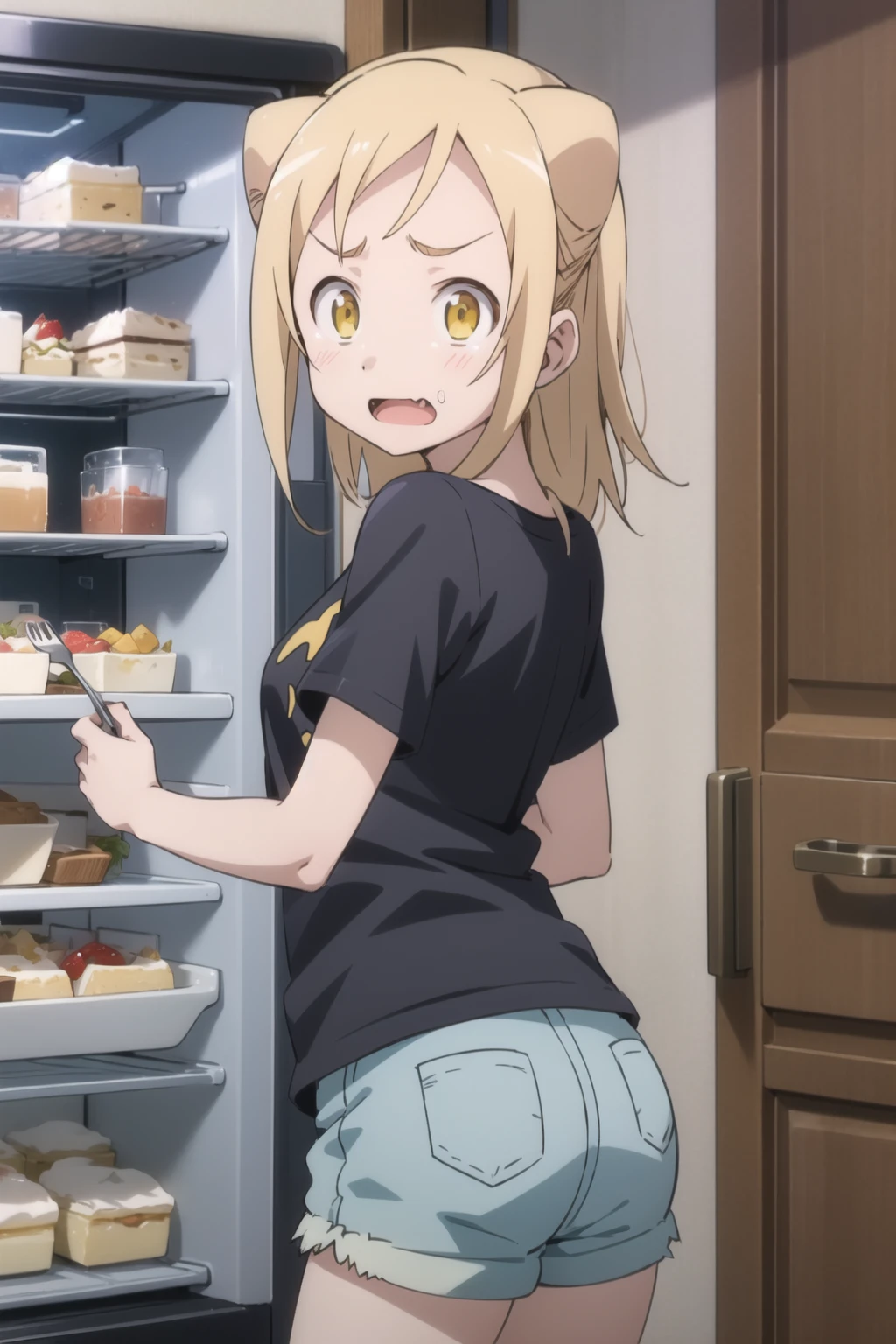 <lora:hikari-000005:1> hikari,
open refrigerator, flan, pudding, dessert,
1girl, solo,
black t-shirt, denim shorts,
looking back, surprised, caught, embarrassed