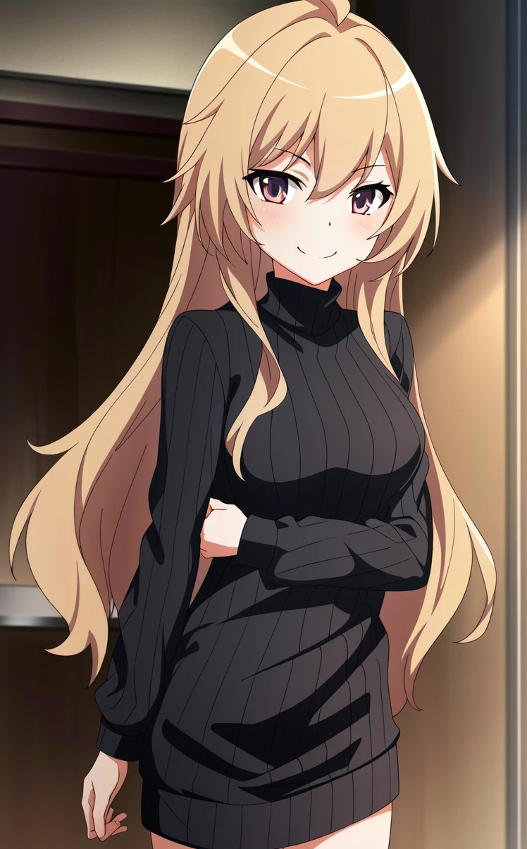 (extremely detailed CG unity 8k wallpaper),(masterpiece),(best quality),(ultra-detailed),(best illustration),(best shadow),(absurdres), <lora:Taiga Aisaka:0.8> Taiga Aisaka, 1girl, solo, long hair, aisaka taiga, brown eyes, brown hair, smile, upper body, turtleneck, turtleneck dress, full body, standing, eye shadow, blush, smirk, eyes looking to the side, looking away, looking away from viewer, indoors, (detailed background, intricate background:1.1), beautiful