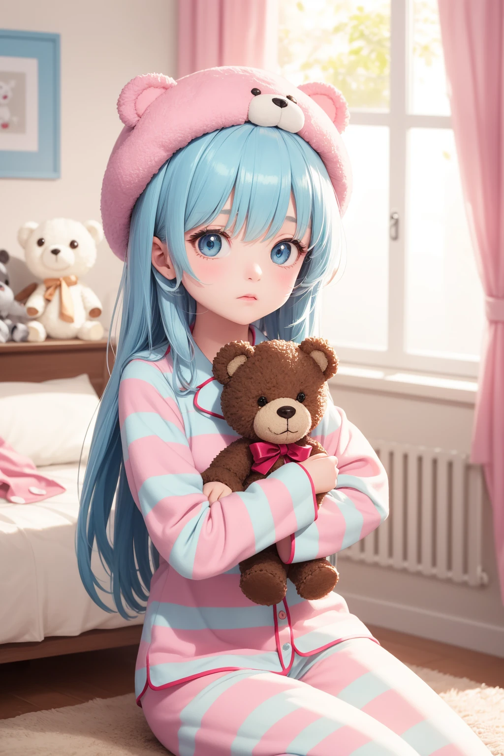 masterpiece, best quality, incredibly absurdres, cute, 1girl, light blue hair ,long hair, blue eyes, sleepy eyes, stripe pink pajamas, pajamas hat, indoors, bedroom, sitting, carrying teddy bear, looking at viewer