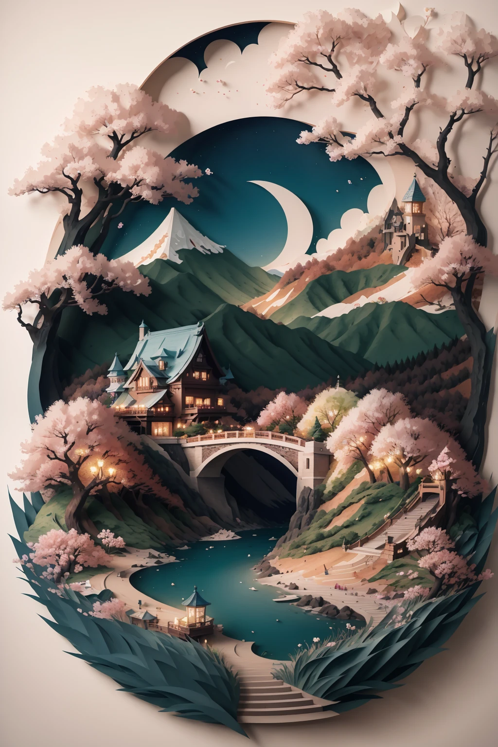 ((best quality)), (ultra high res), absurdres, high detailed, ((paper cut art)), cherry blossom, flower, tree, decorative, no humans, 8k, masterpiece, <lora:papper:0.77>