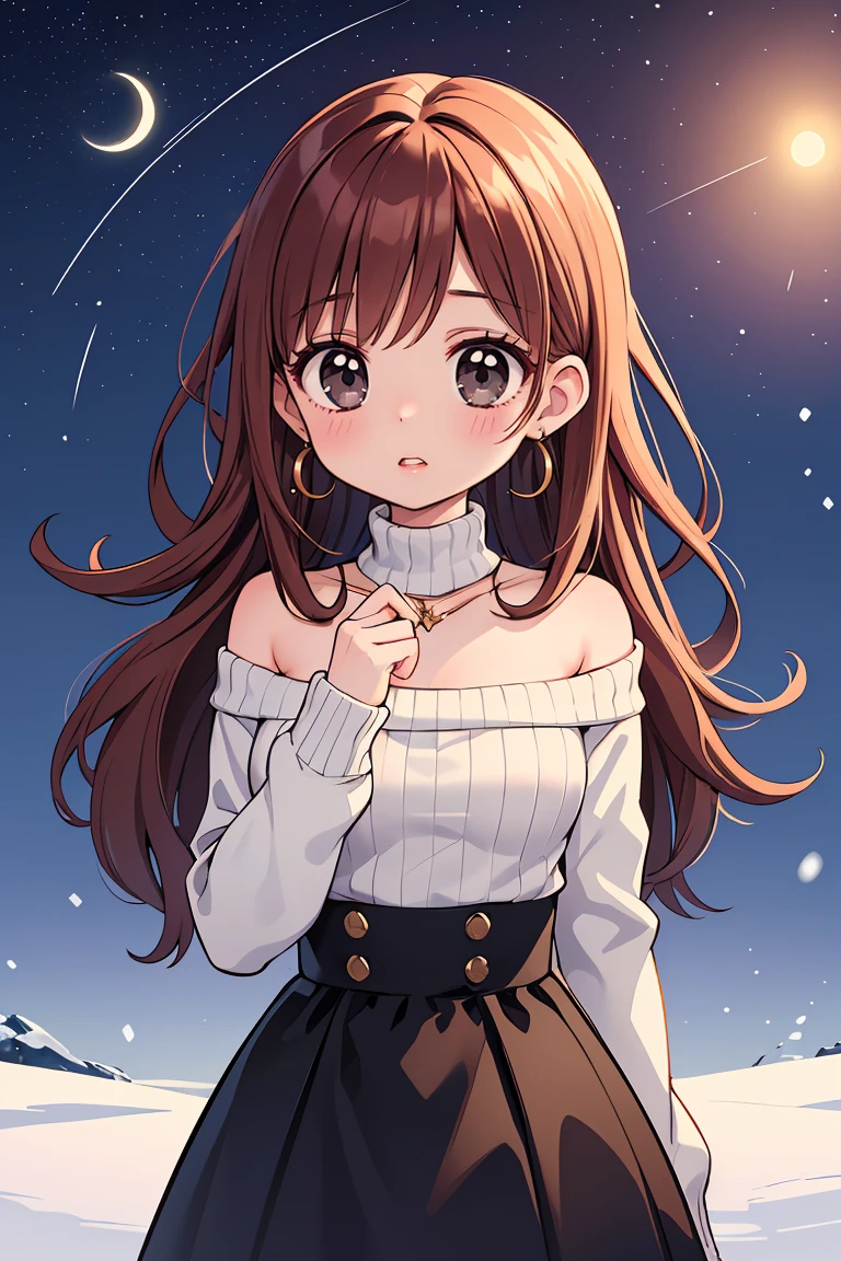 (masterpiece, best quality), 1girl,Sweaters, Dame, Average Height, Thin, Diamond-Shaped Face, Fair Skin, Auburn Hair, black Eyes, Long Nose, Thin Lips, Sharp Chin, Long Hair, Straight Hair, Smooth Waves, firm breasts, Threader earrings, golden sheer lipstick, a quiet, snow-filled meadow under a starlit sky