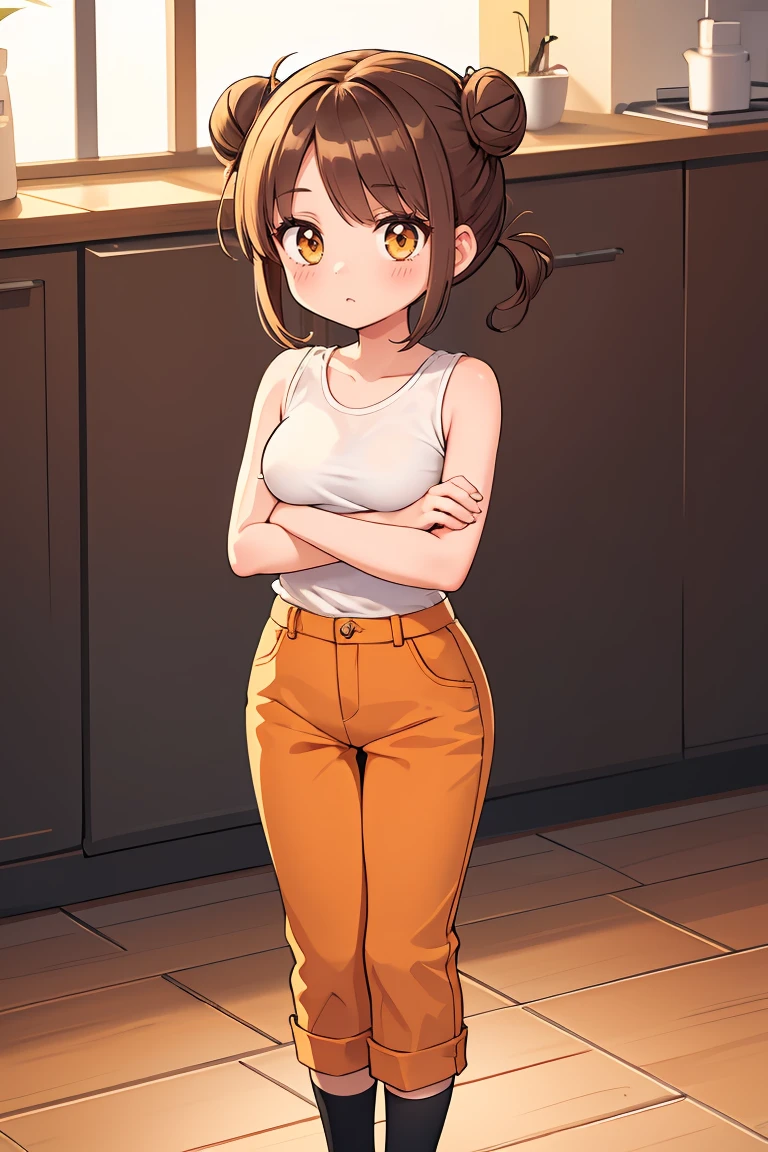 (masterpiece, best quality), 1girl, Dijon Messy Bun with Wispy Side Bangs, Size E breasts, Light orange Metallic top and Trousers, socks, Standing with arms crossed