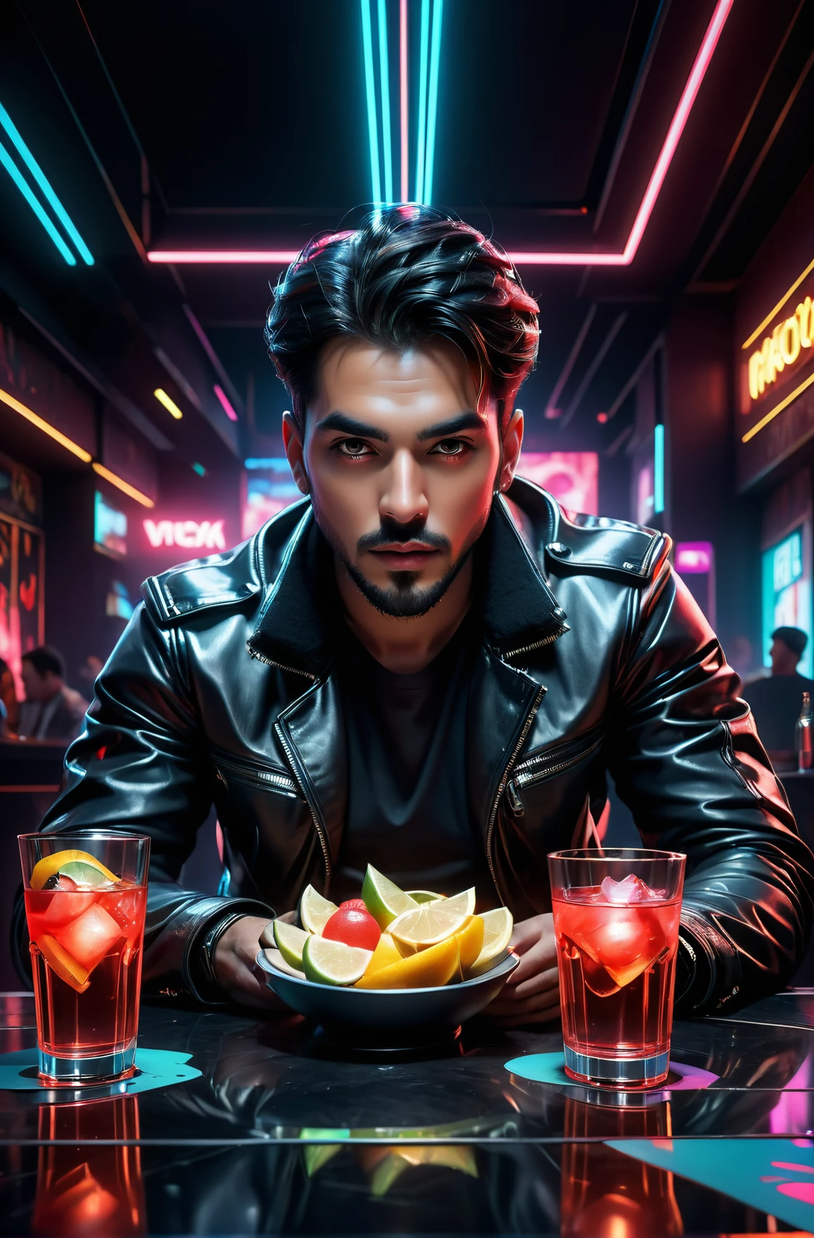 highly detailed photo of joel peter jones sitting face upside down a glass of vodka and food in a nightclub, dim neon lights, highly intricate details, vintage 60's sci-fi artstation, art concept k 4 tracing, ray art, digital 8k, resolution, high angle, long lighting, cinematic detailed, extremely background, the in landscape dark eyes, symmetrical face, perfect render, octane render, 5 engine unreal eyes, red detailed sharp and detailed render, 5 engine unreal eyes, large face, detailed beautiful hyper realistic, hyper hyper lighting, dramatic art digital han