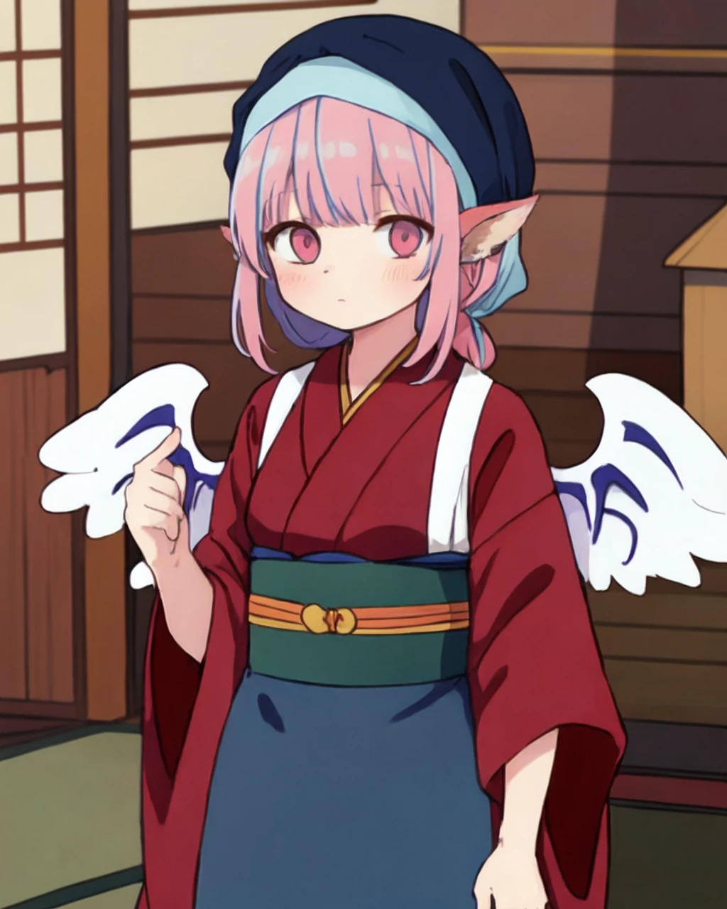 <lora:oka_mysty_v4:0.7>, 1girl, solo, animal_ears, sash code, tasuki, white_tasuki wings, OKMS, okamisty, mystia lorelei, maroon_kimono, blue_headscarf, indigo blue_apron, indoors, pink hair, aged_up, anime_coloring