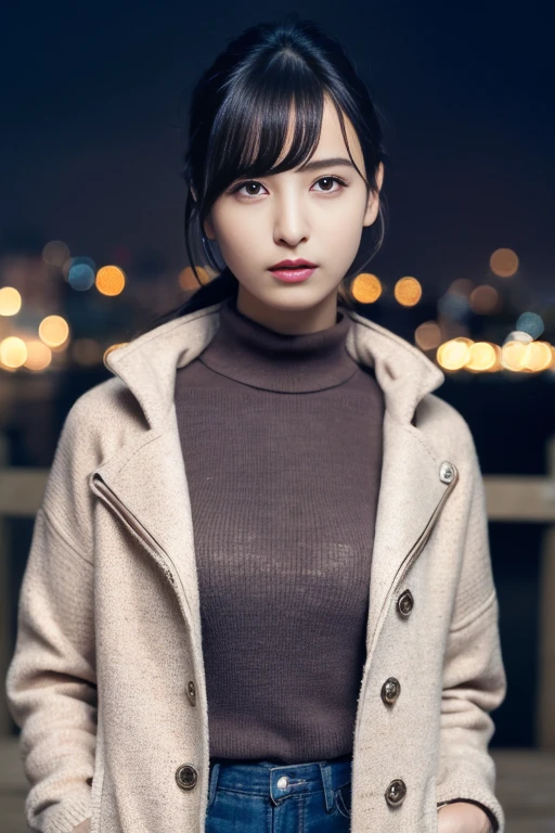 1girl,(wearing sweater and long jacket:1.2),(RAW photo, best quality), (realistic, photo-realistic:1.4), masterpiece, an extremely delicate and beautiful, extremely detailed, 2k wallpaper, Amazing, finely detail, extremely detailed CG unity 8k wallpaper, ultra-detailed, highres, soft light, beautiful detailed girl, extremely detailed eyes and face, beautiful detailed nose, beautiful detailed eyes,cinematic lighting,at a park,city lights at night,perfect anatomy,slender body, <lora:sakuraayaneV3_lora:0.8>,close up