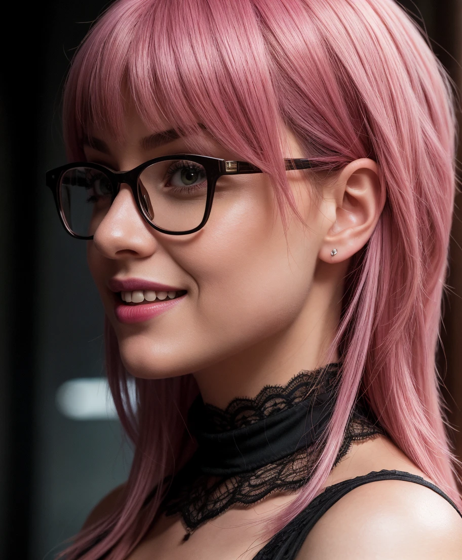 (Realistic),masterpiece,best quality,cinematic lighting,natural shadow,looking at viewer,Worm's Eye View,edgCorset,1girl,photo of a cute girl,full body,light smile,charming,20yo,glasses,Side-swept bangs Hair.Hair between eyes,Hot pink hair,Lace-up,Inlay,Raw photo,8k,uhd,dslr,soft,lighting,high quality,film grain,hyperrealismus,hyperrealistic,Atmospheric,Realistic Skin Texture,realistic hair details,ultra quality,best quality,Hyper Realism,