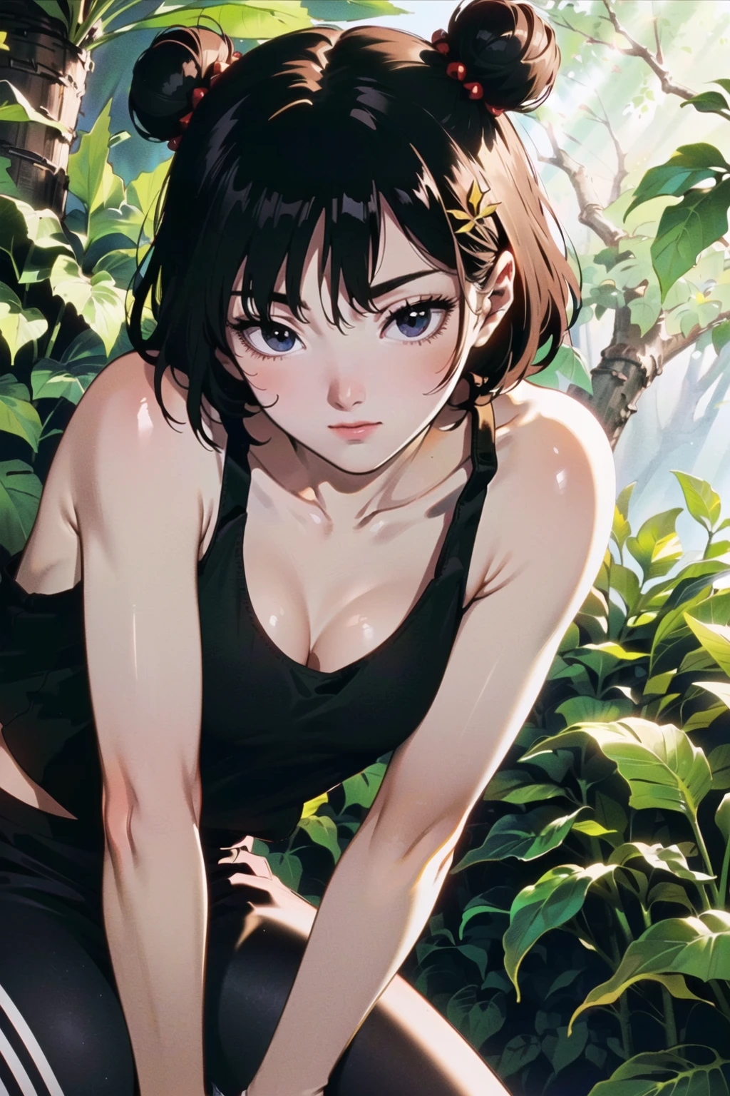 (best quality, masterpiece:1.1), <lora:Better light:0.5>, <lora:kenpuu_denki_berserk-10:0.65>, close up, (1female), embarrassed face, black hair, short hair, wavy hair, triple bun, hair ornaments, (oversized tank top), (muscular:0.6), socks, sneakers, leggings, (branch of a tall tree, in forest, sunlight through the leaves),