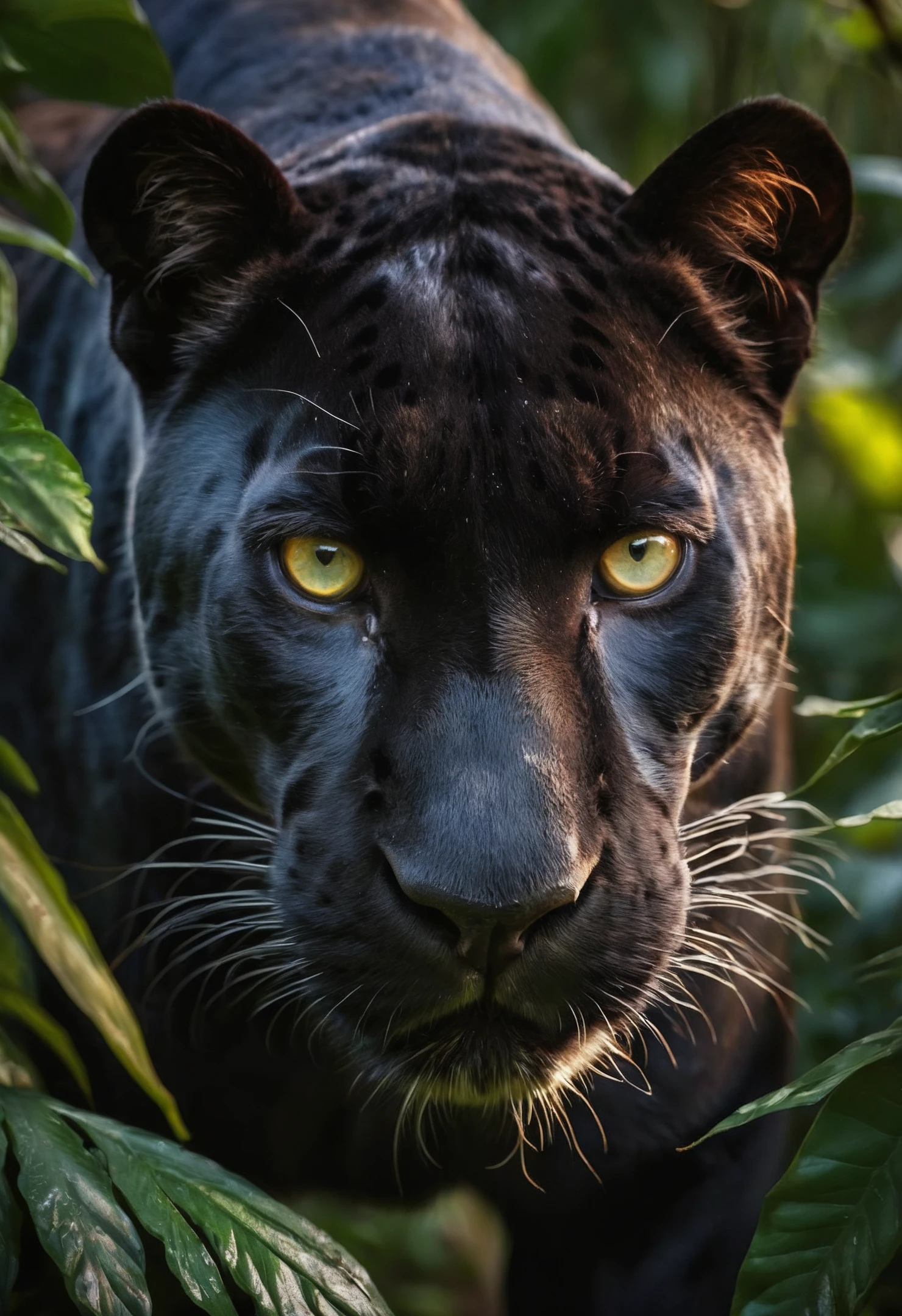 RAW Photograph of a strong panther on the prowl in the jungle, his piercing eyes gaze directly at you through the bush, majestic being, nagual, insane detail, amazing lighting, 8K, HDR, vibrant and colorful, masterpiece