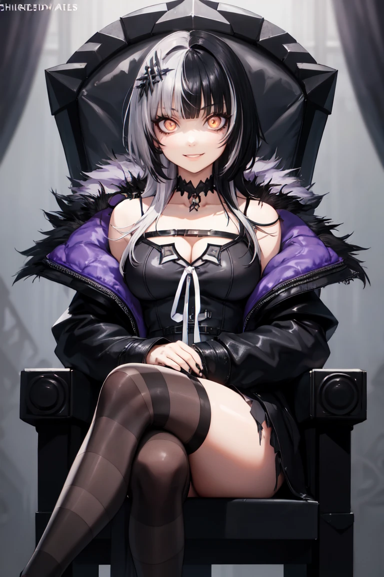 masterpiece, best quality, absurdres, perfect anatomy, 1girl, solo, ShioriBase, split-color hair, hair ornament, choker, black dress with white ribbon, black jacket, fur trim, asymmetrical legwear, smile, glowing eyes, crazy eyes, sitting, throne, crossed legs, <lora:ShioriV2:1>